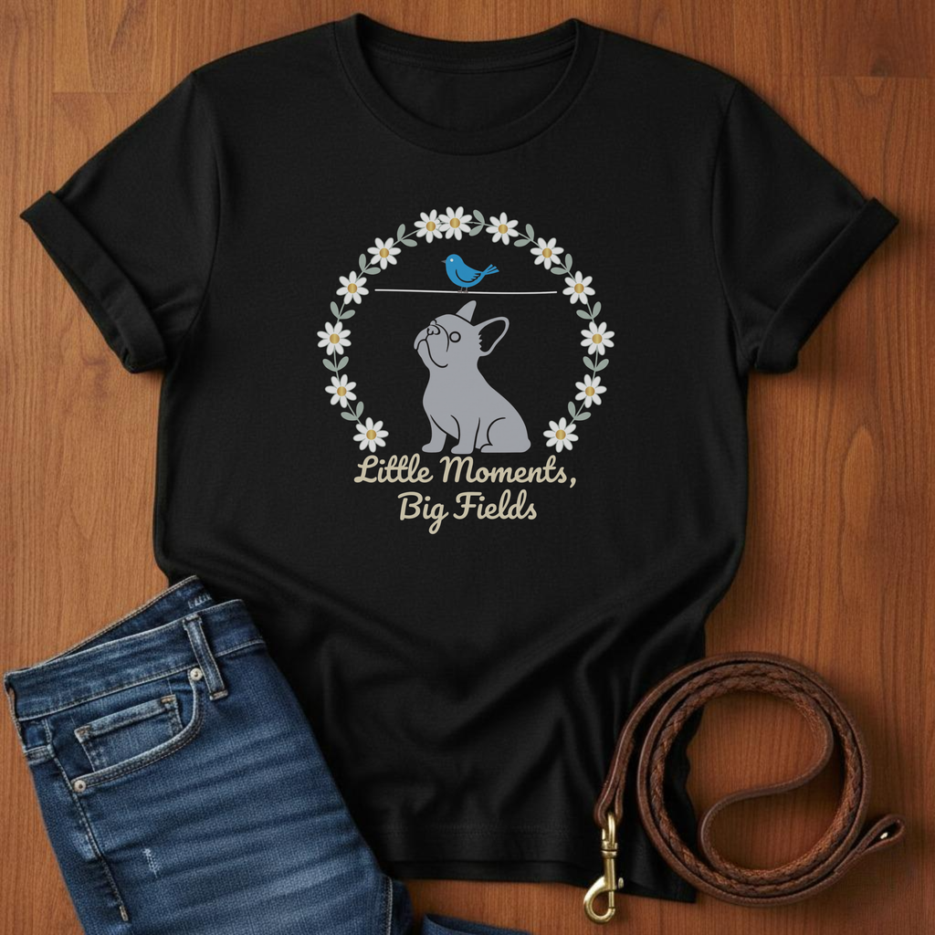 Little Moments, Big Fields French Bulldog T-Shirt — lifestyle shot — Always My Dog