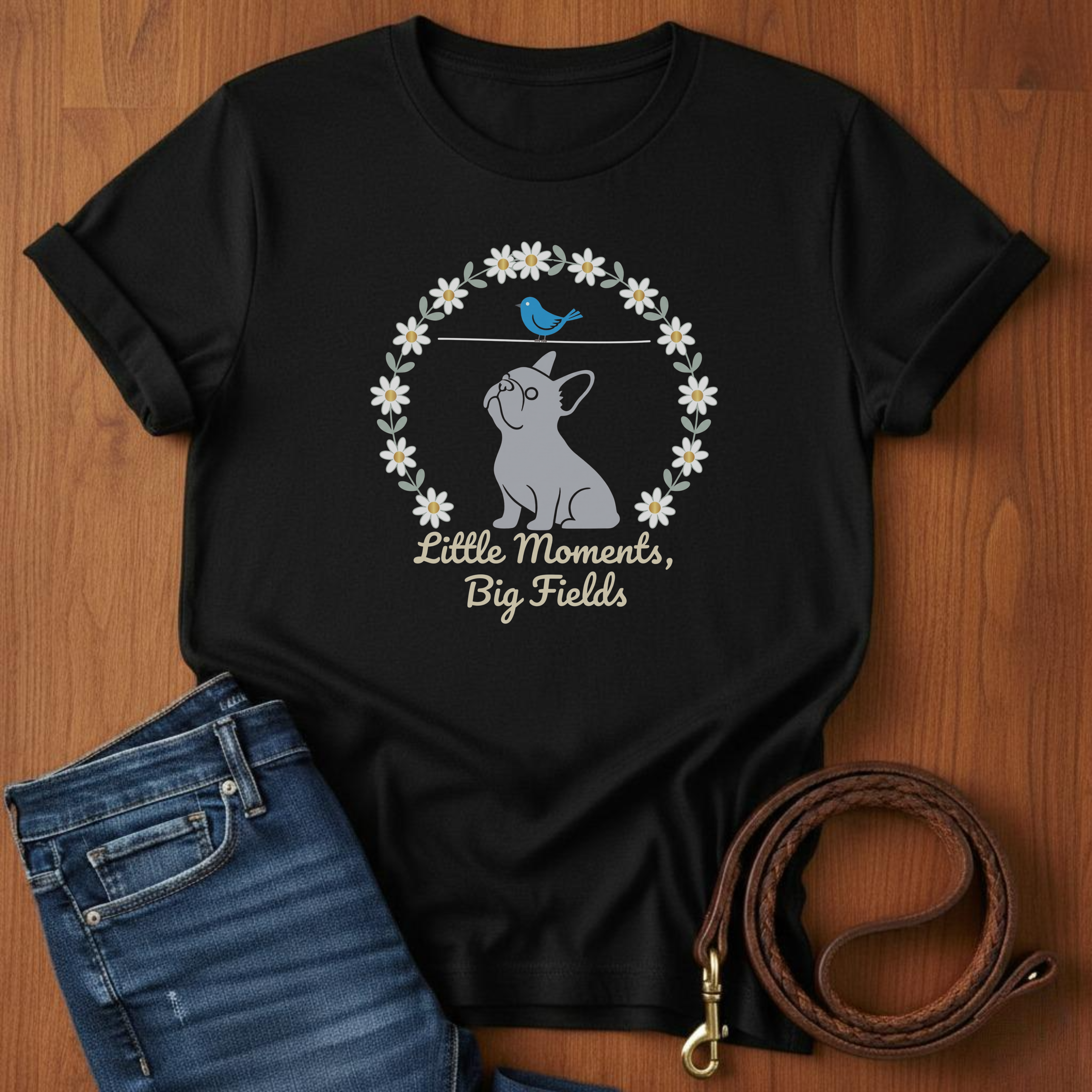 Little Moments, Big Fields French Bulldog T-Shirt — lifestyle shot — Always My Dog