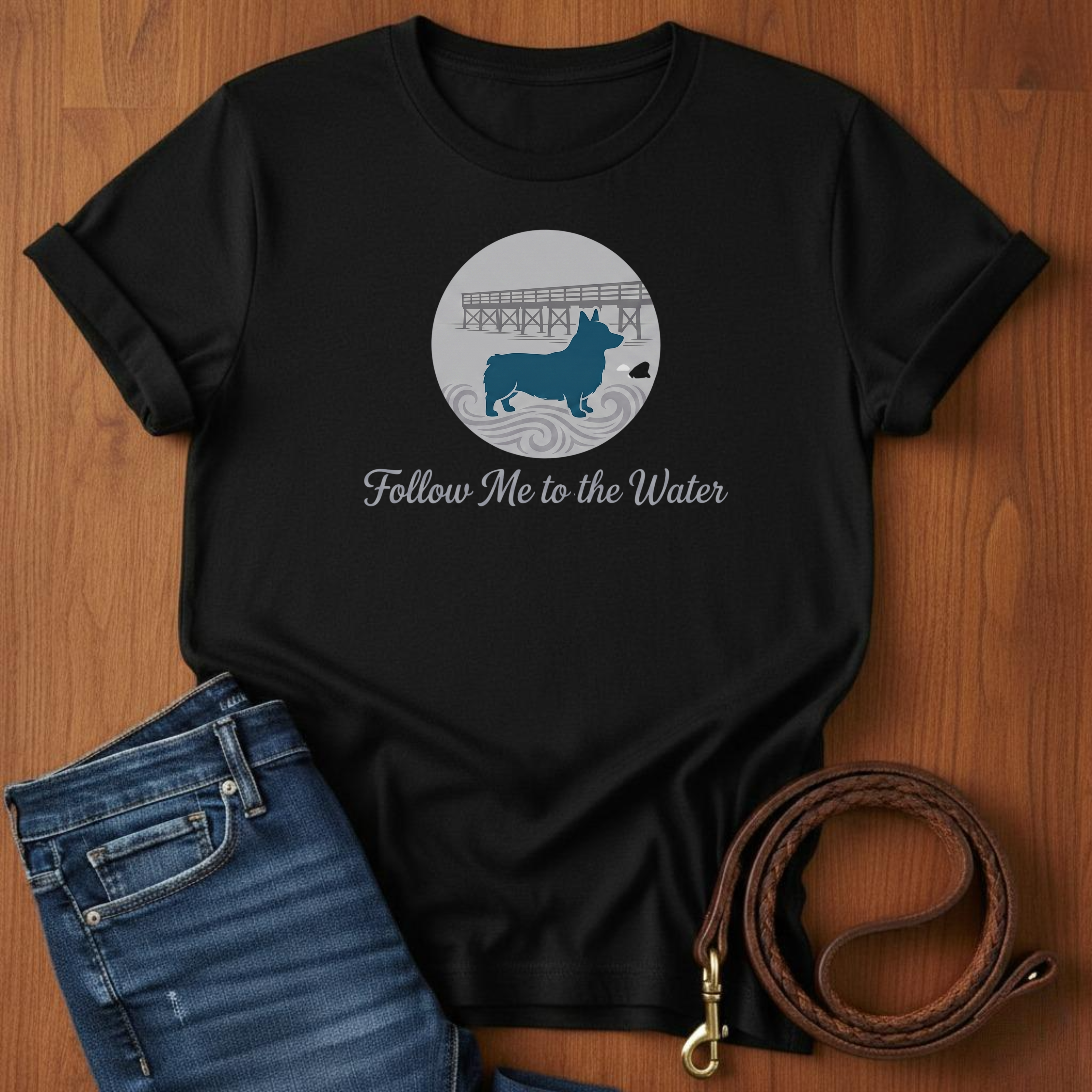 Follow Me To The Water Corgi T-Shirt — lifestyle shot — Always My Dog