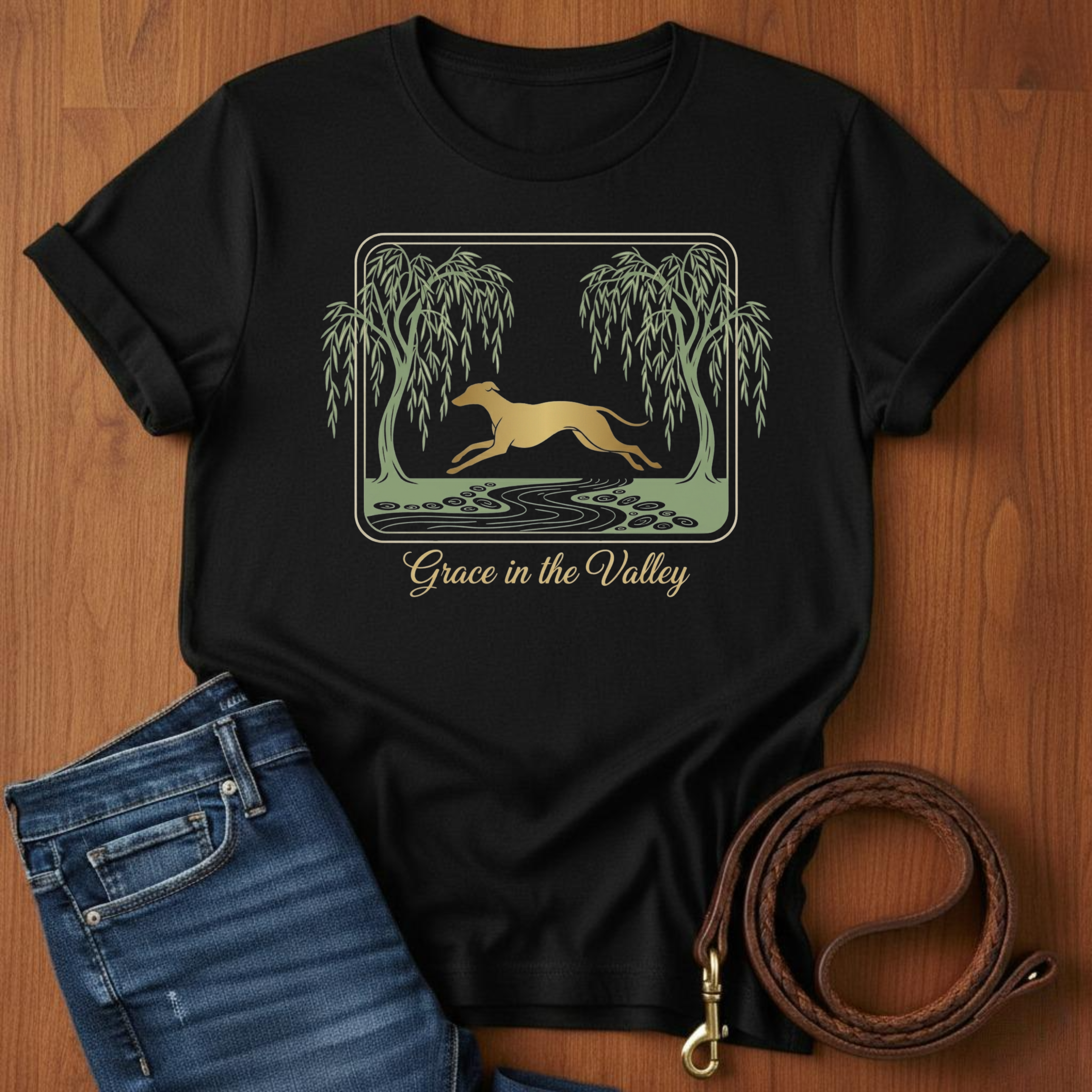 Grace in the Valley Greyhound T-Shirt — lifestyle shot — Always My Dog
