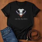 Low Tide.  High Hopes Greyhound T-Shirt — lifestyle shot — Always My Dog