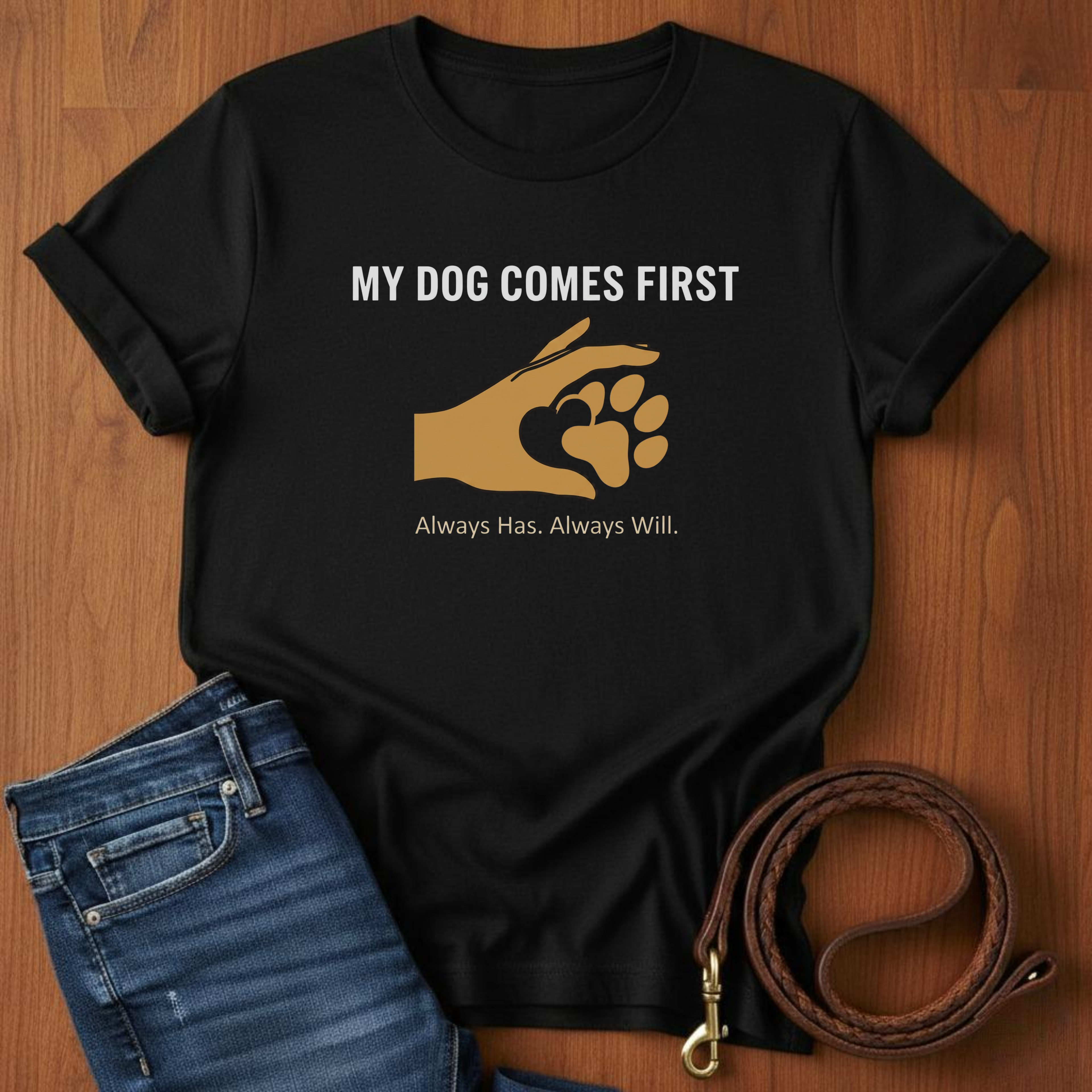 My Dog Comes First Hand Heart T-Shirt — close-up — Always My Dog