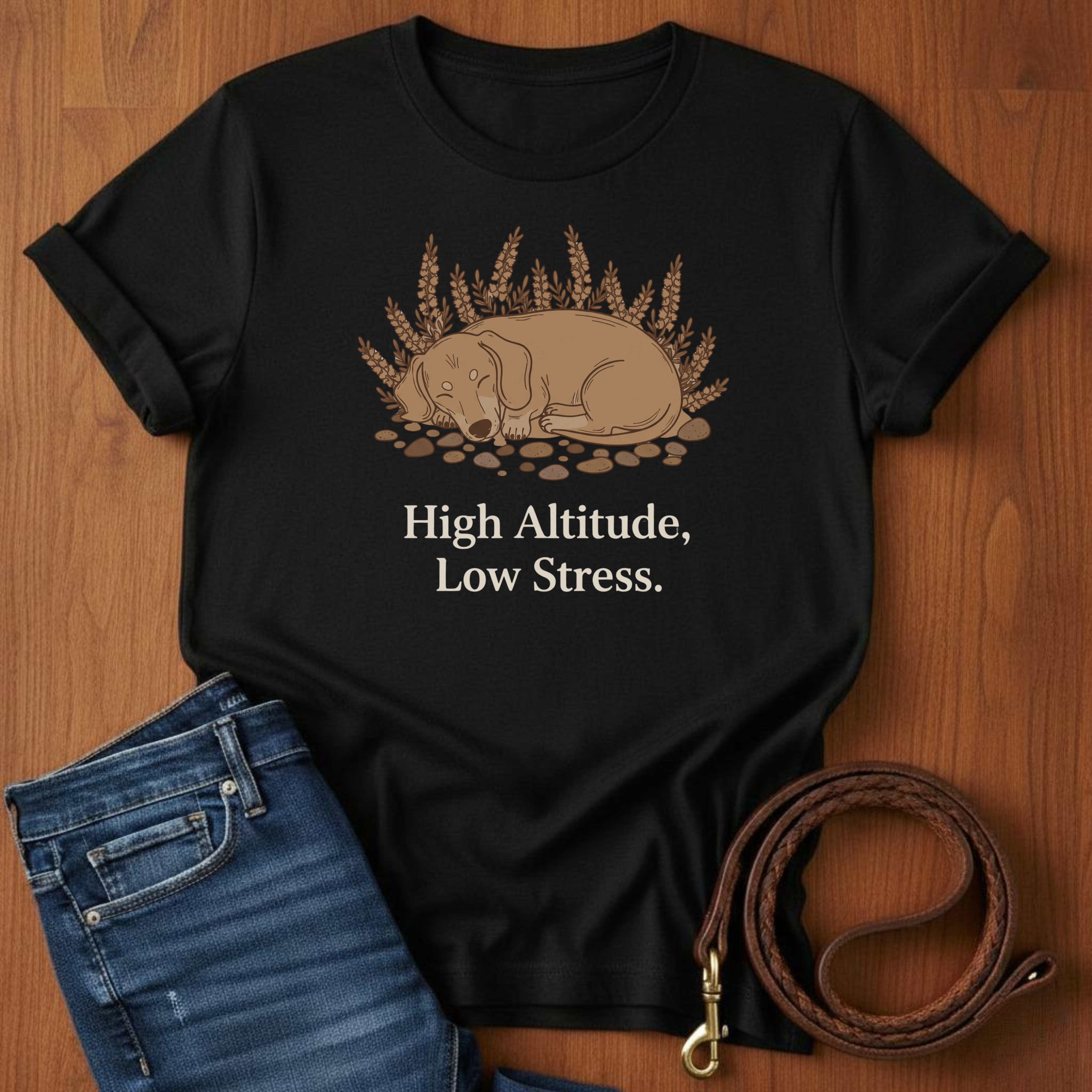 High Altitude, Low Stress T-Shirt — lifestyle shot — Always My Dog