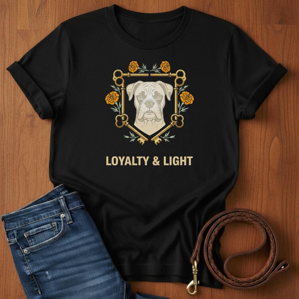 Loyalty and Light Boxer T-Shirt — close-up — Always My Dog