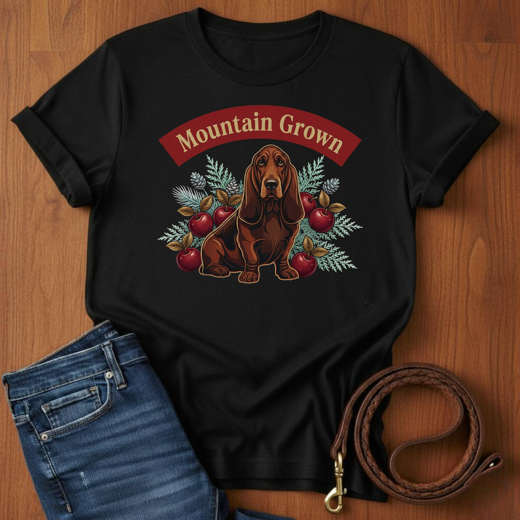 Mountain Grown Basset Hound T-Shirt — close-up — Always My Dog