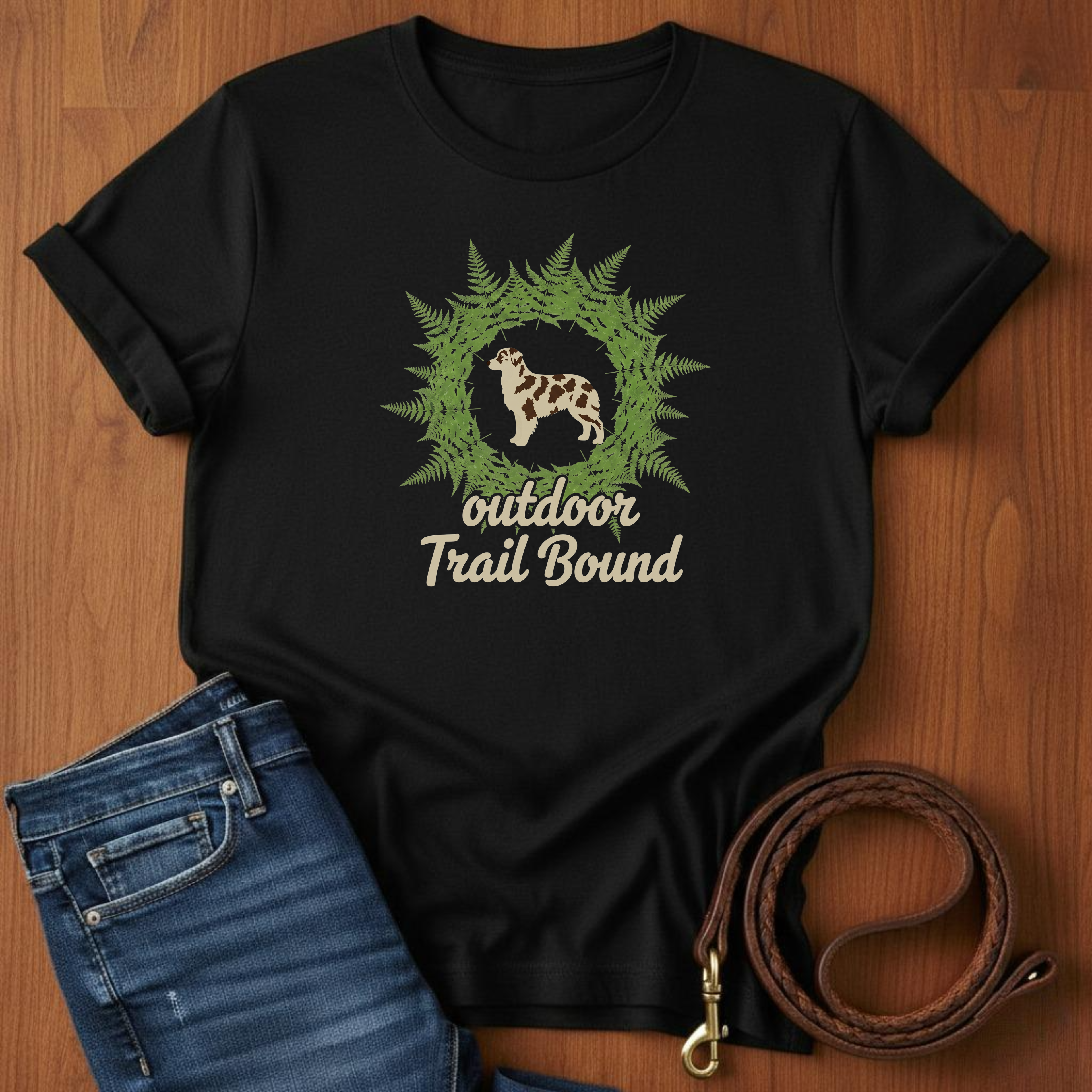 Outdoor Trail Bound Australian Shepherd T-Shirt — close-up — Always My Dog