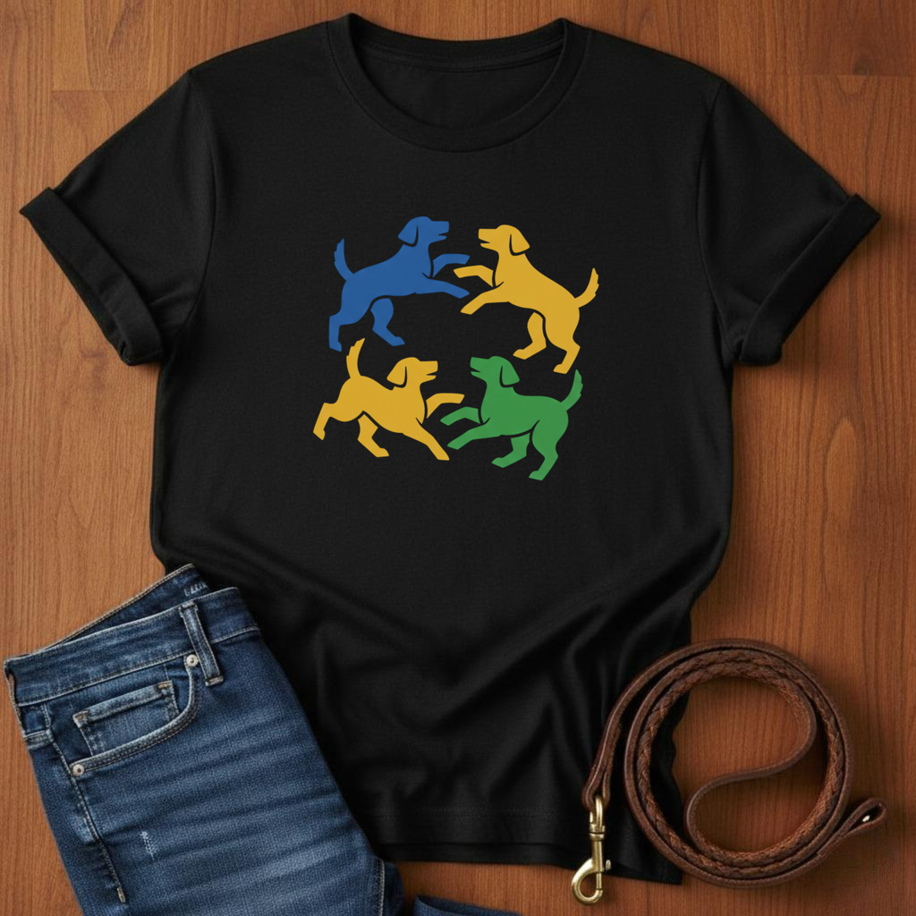 Four Dogs Playing T-Shirt — lifestyle shot — Always My Dog