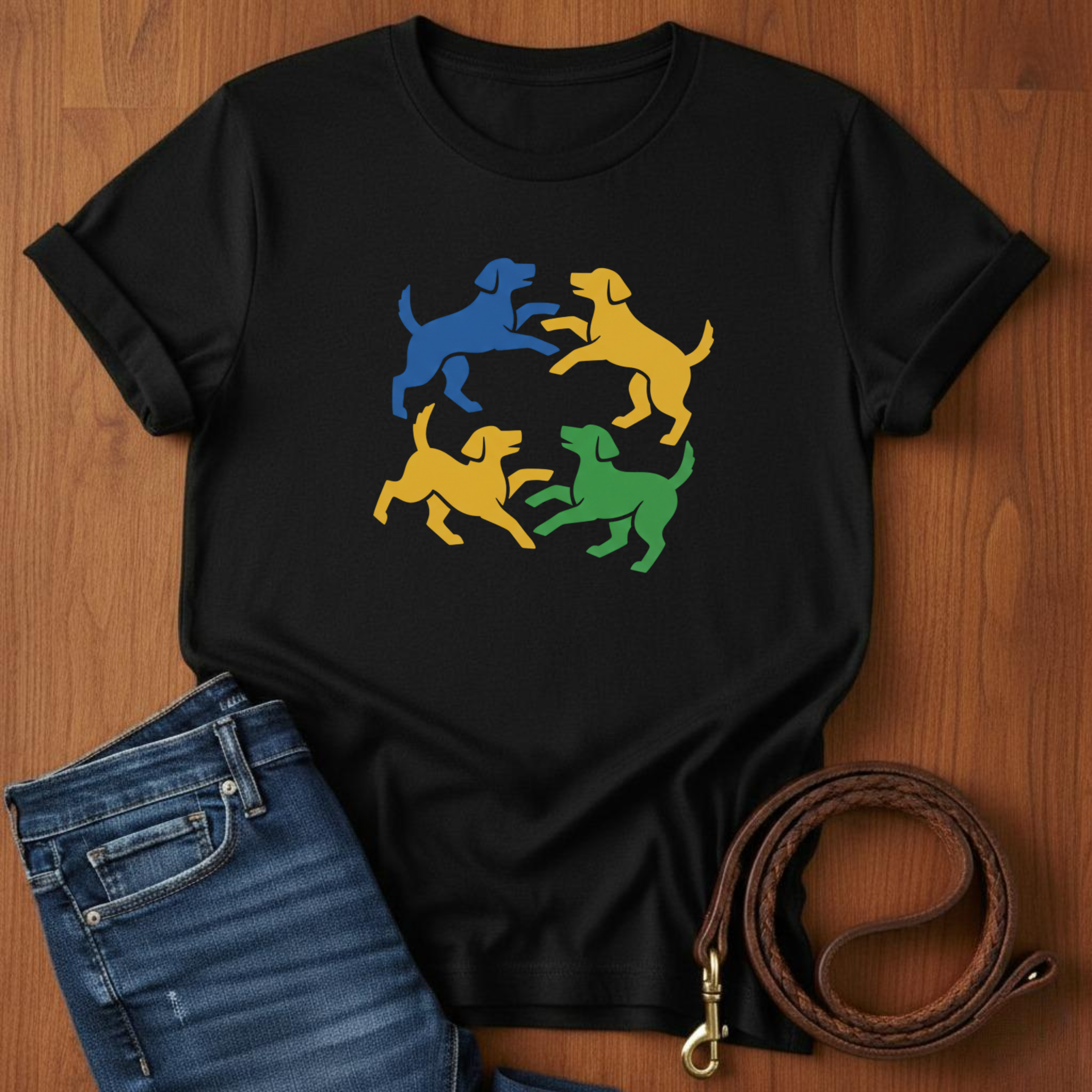 Four Dogs Playing T-Shirt — lifestyle shot — Always My Dog