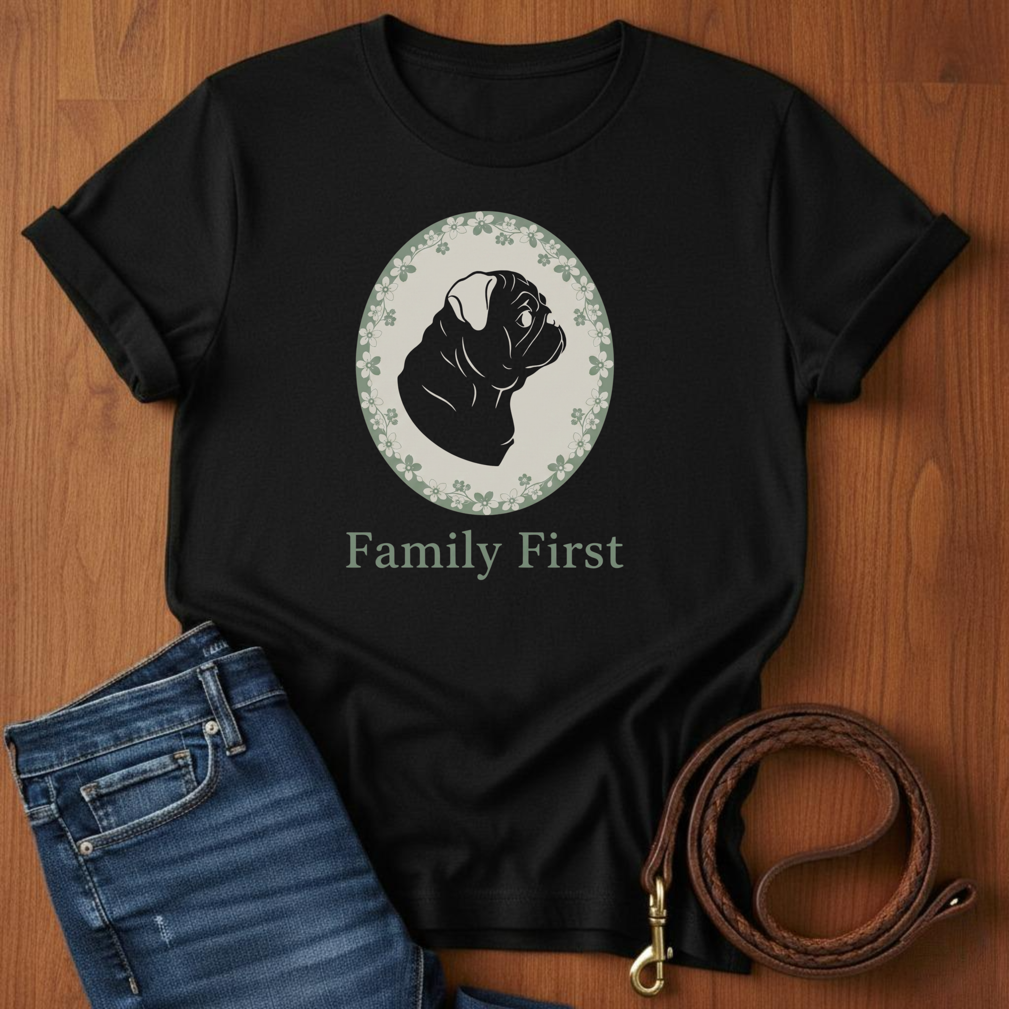 Family First Pug T-Shirt — lifestyle shot — Always My Dog
