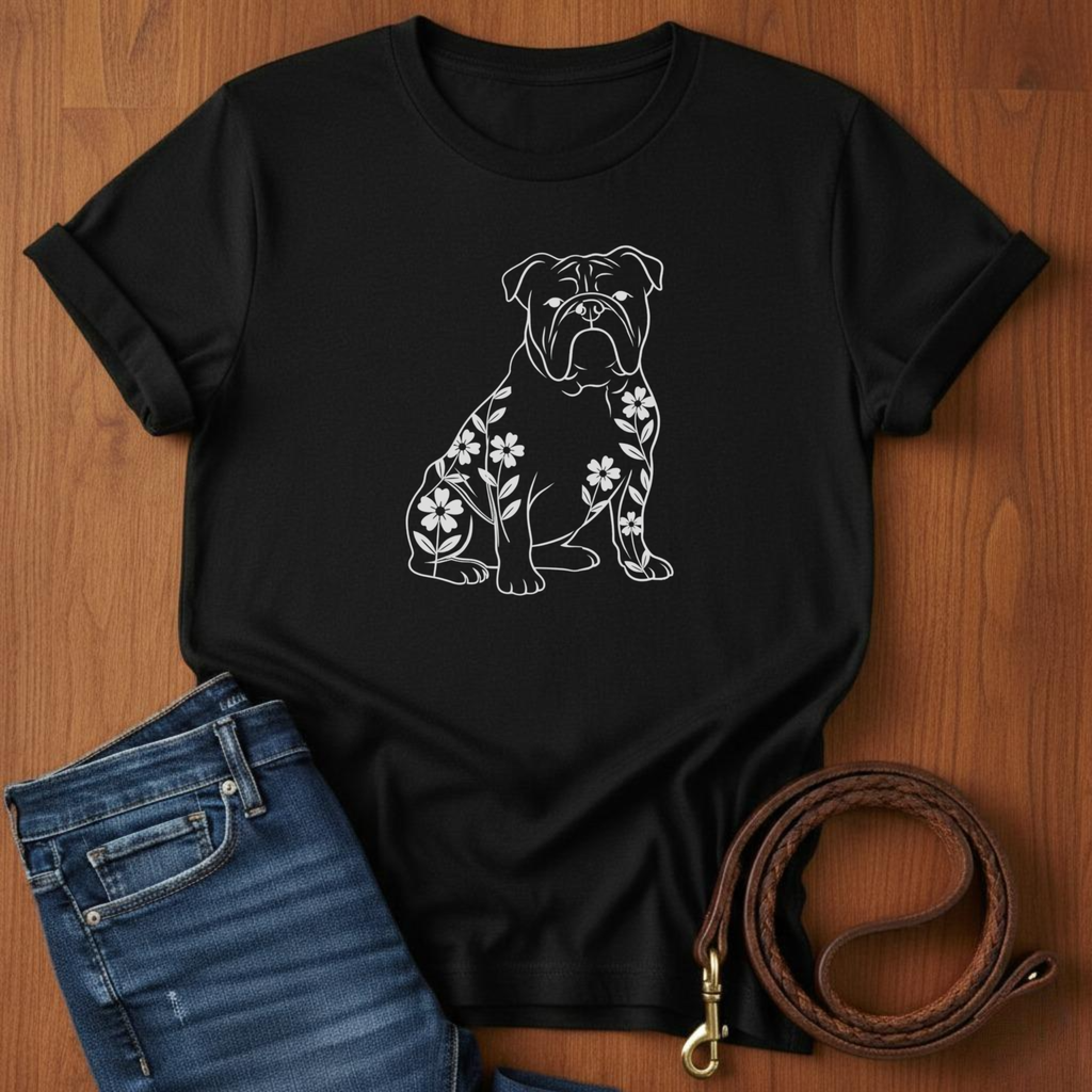 English Bulldog And Flowers T-Shirt — lifestyle shot — Always My Dog