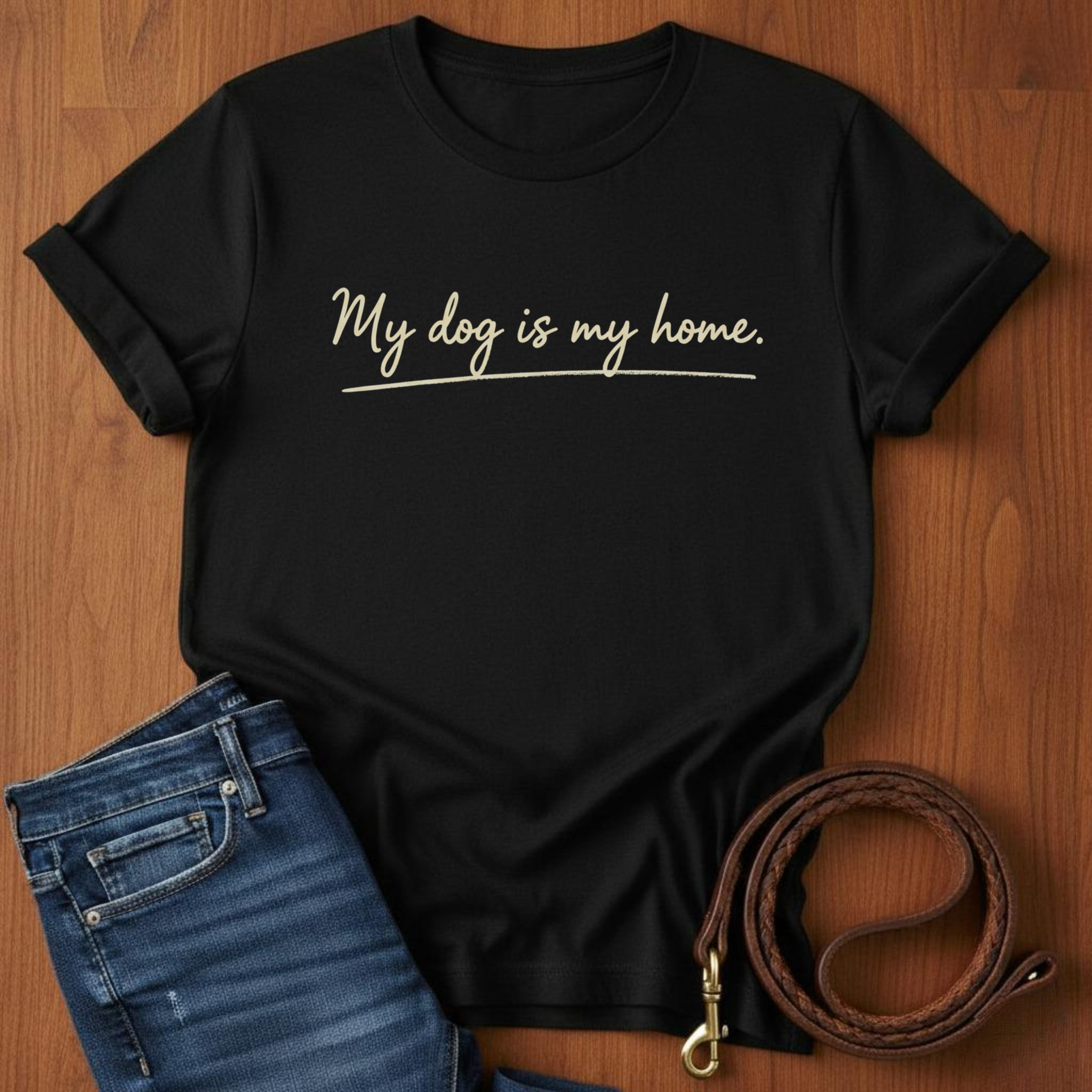 My Dog Is My Home Script T-Shirt — lifestyle shot — Always My Dog