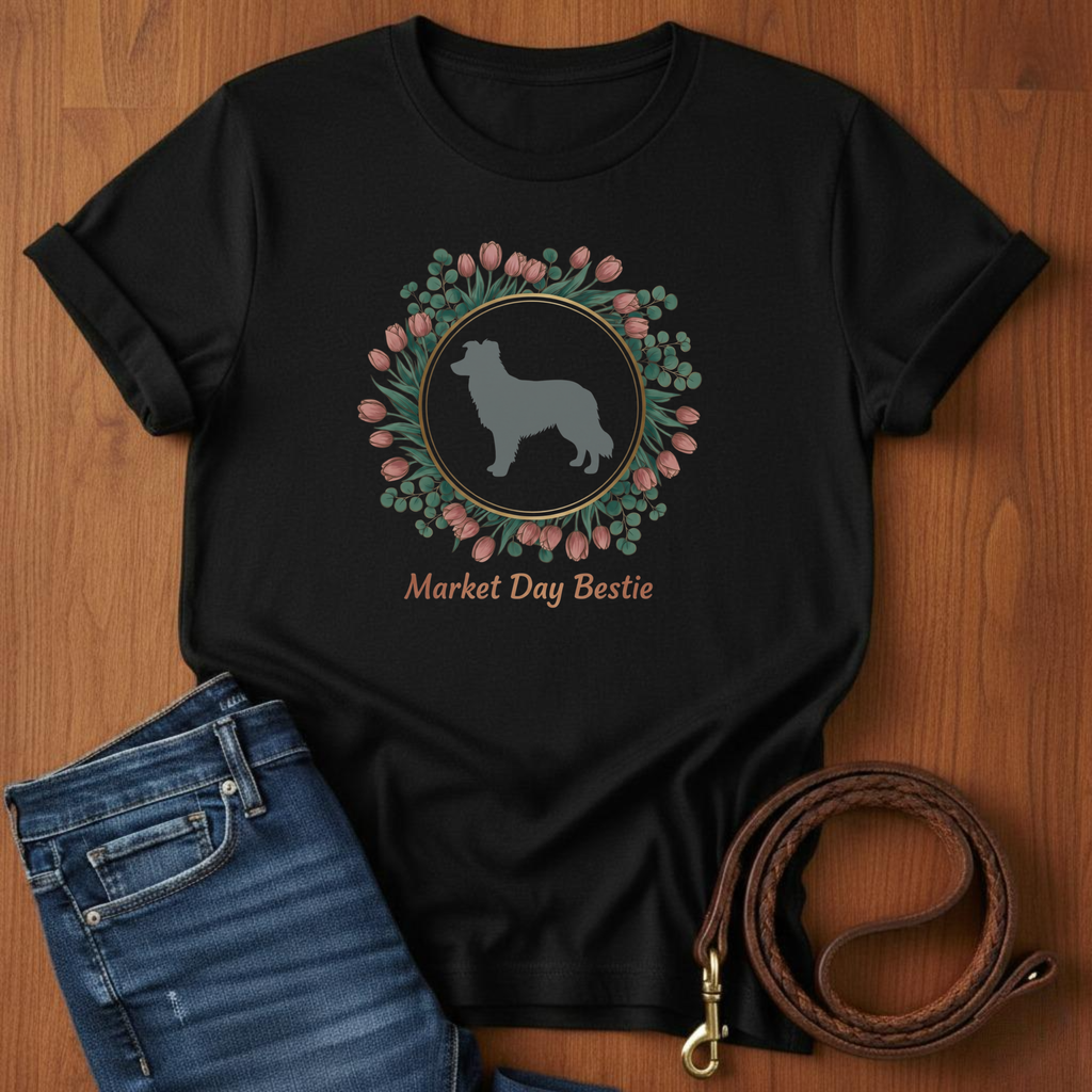Market Day Bestie Border Collie T-Shirt — lifestyle shot — Always My Dog