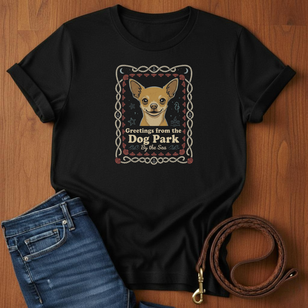 Greetings From The Dog Park By The Sea T-Shirt — lifestyle shot — Always My Dog