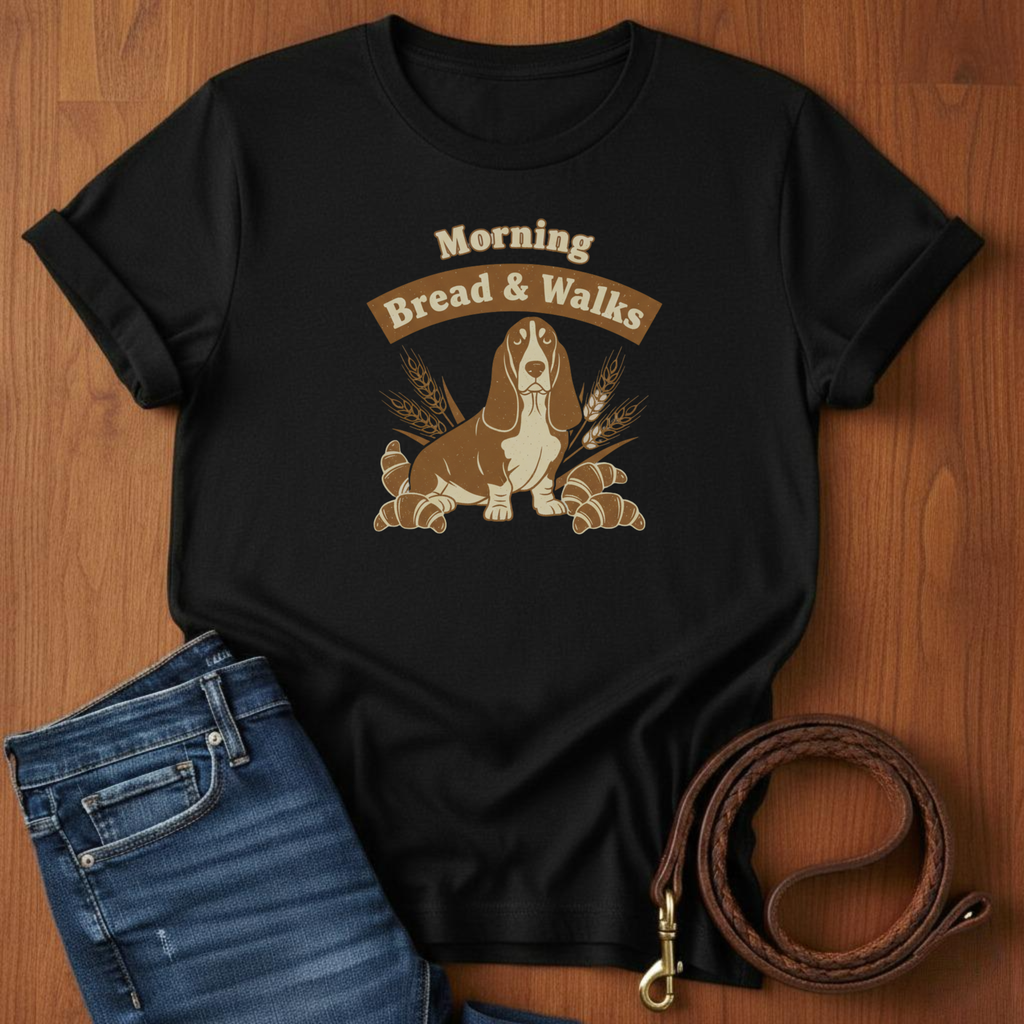 Morning Bread and Walks Basset Hound T-Shirt — close-up — Always My Dog