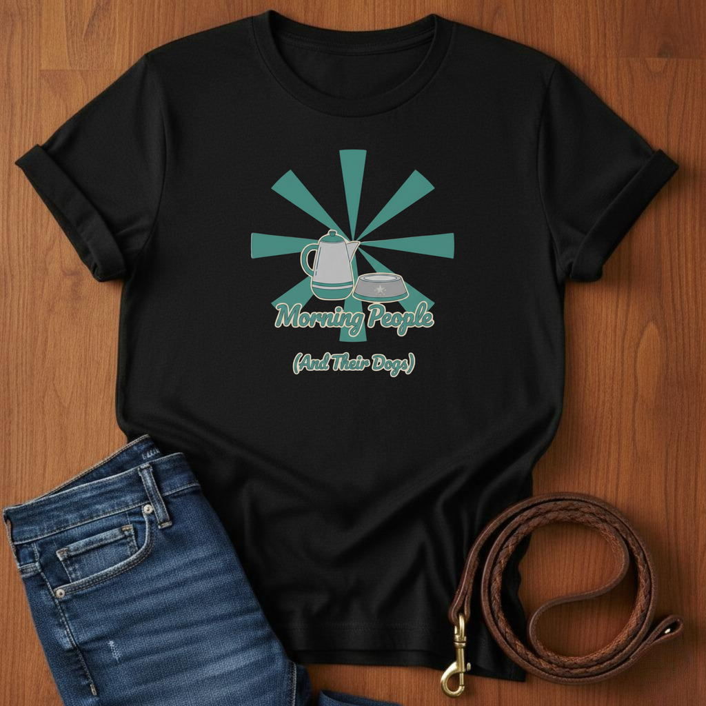 Morning People And Their Dogs T-Shirt — lifestyle shot — Always My Dog