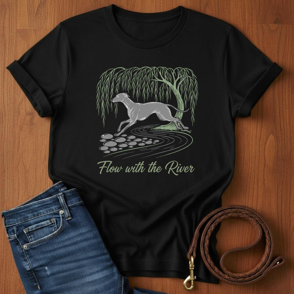 Flow With The River Greyhound T-Shirt — lifestyle shot — Always My Dog