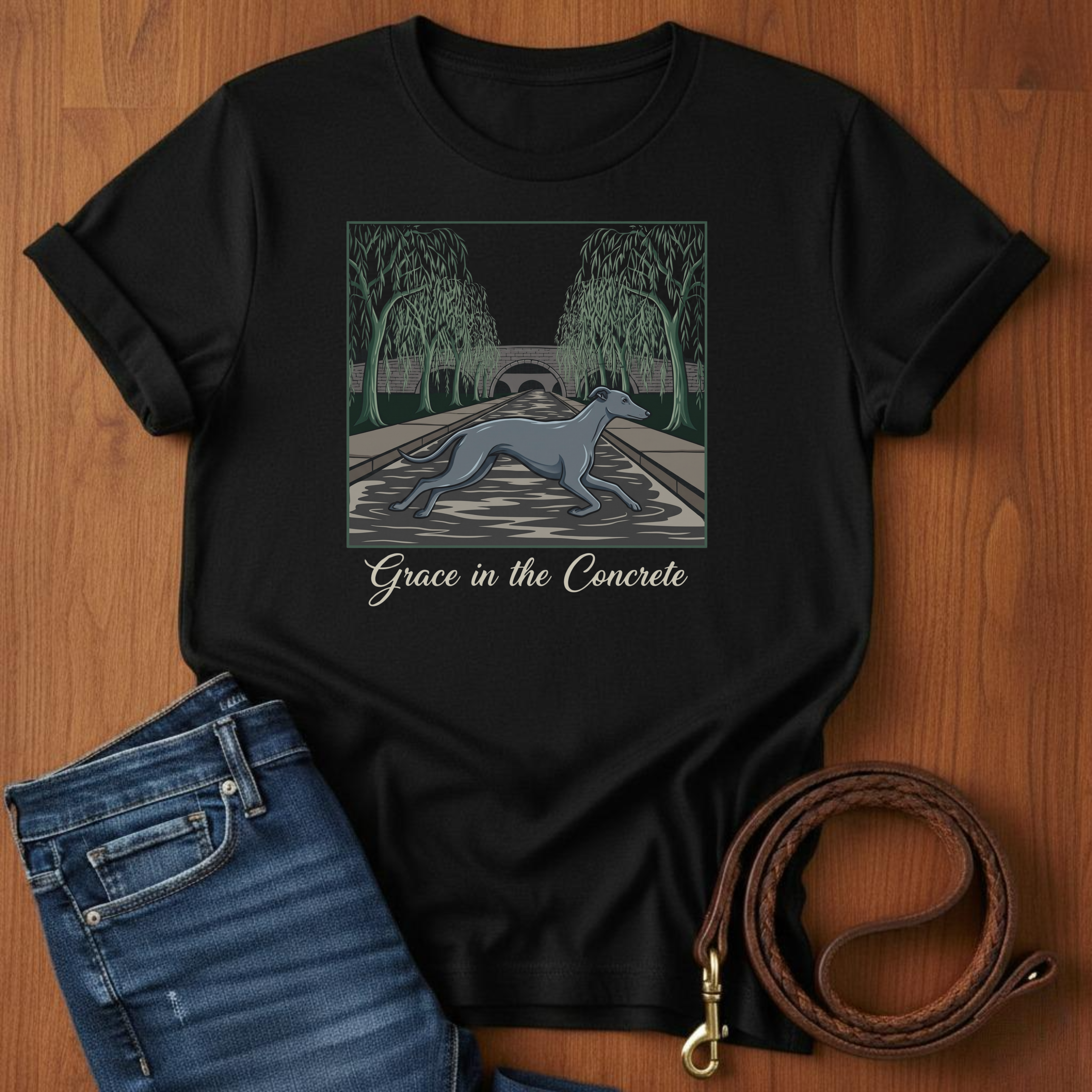 Grace In The Concrete Greyhound T-Shirt — lifestyle shot — Always My Dog