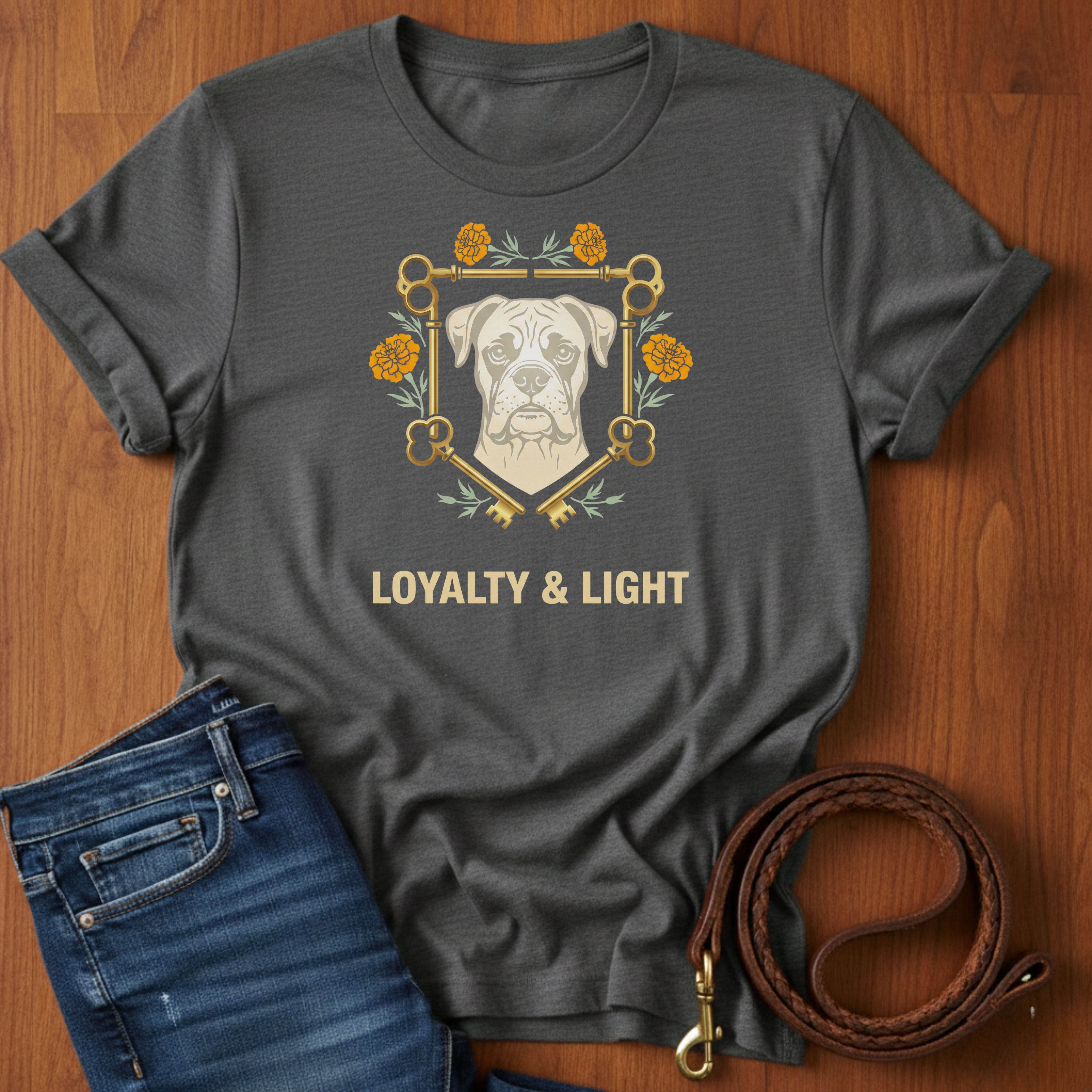 Loyalty and Light Boxer T-Shirt — detail view — Always My Dog
