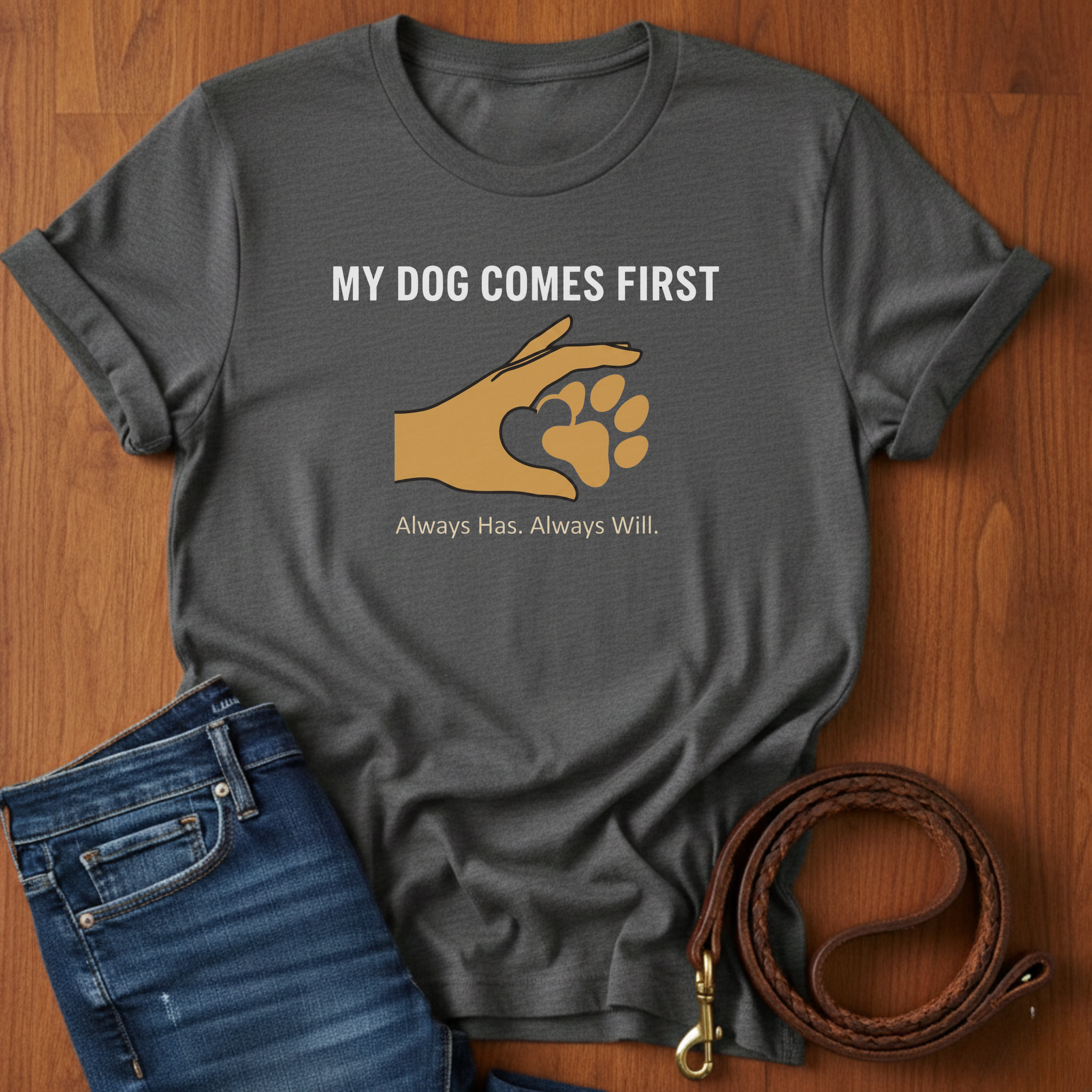 My Dog Comes First Hand Heart T-Shirt — detail view — Always My Dog