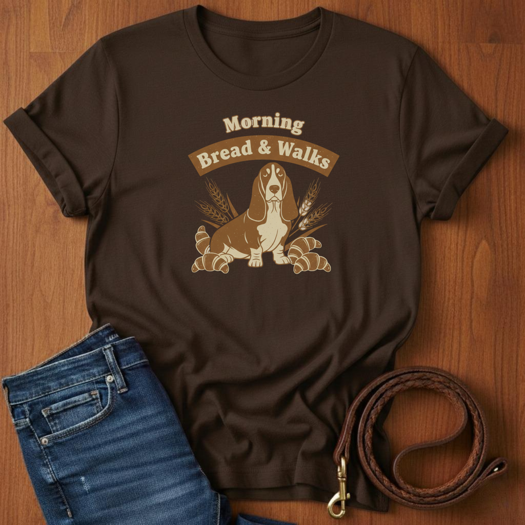 Morning Bread and Walks Basset Hound T-Shirt — detail view — Always My Dog