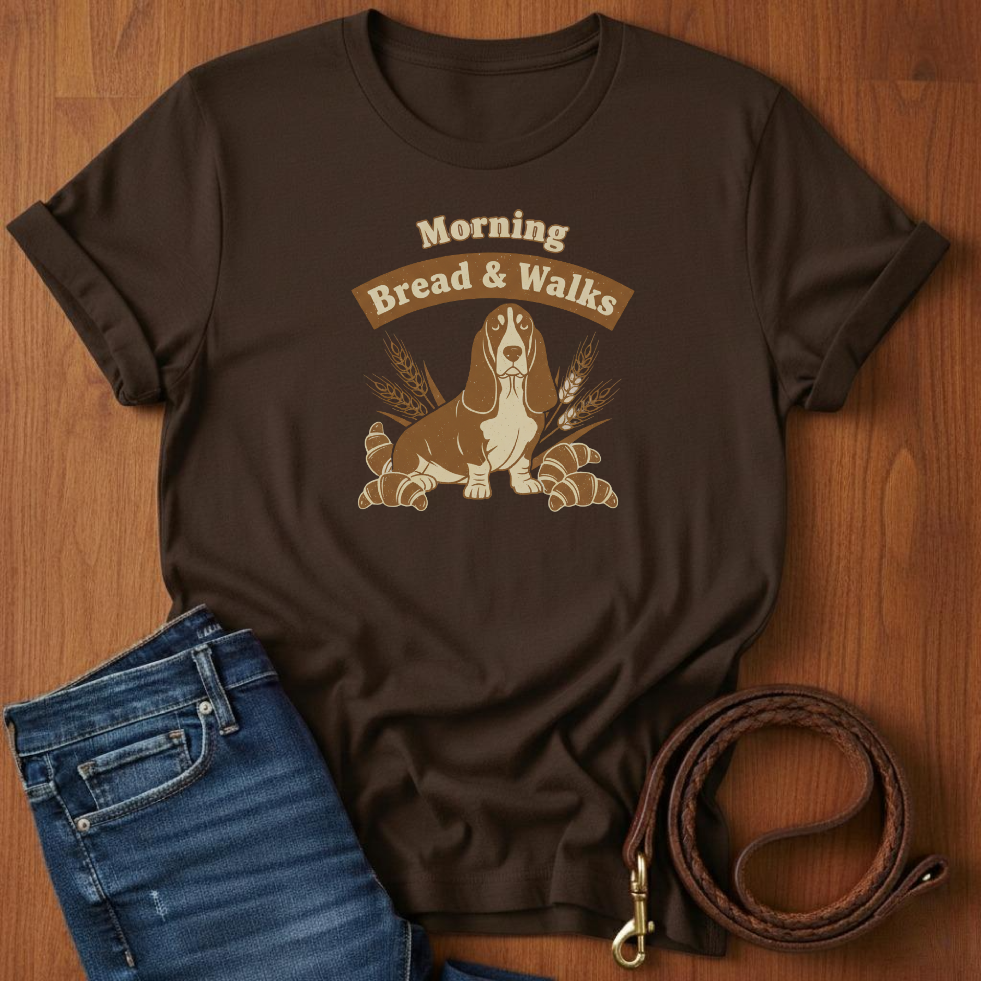 Morning Bread and Walks Basset Hound T-Shirt — detail view — Always My Dog