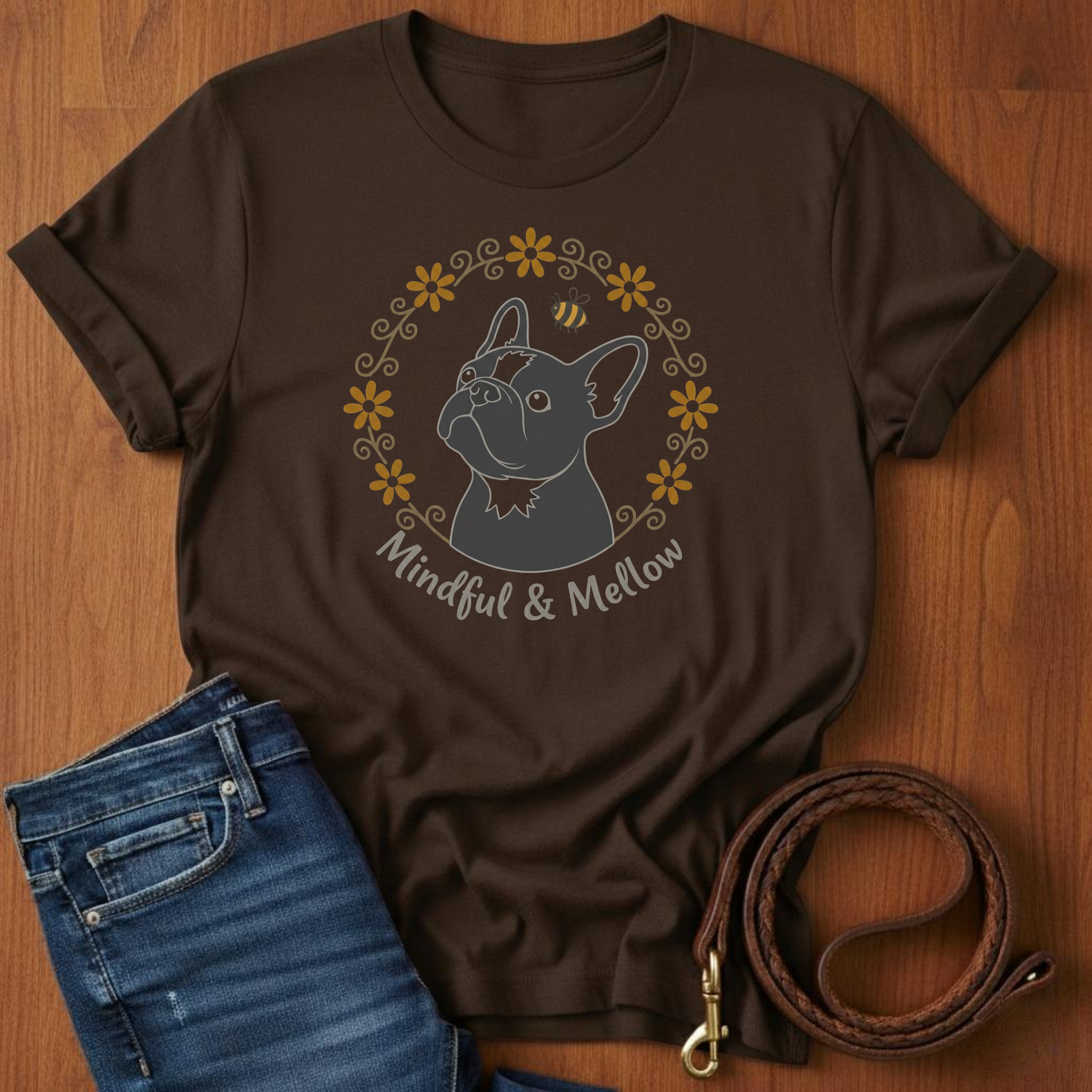 Mindful And Mellow French Bulldog T-Shirt — close-up — Always My Dog