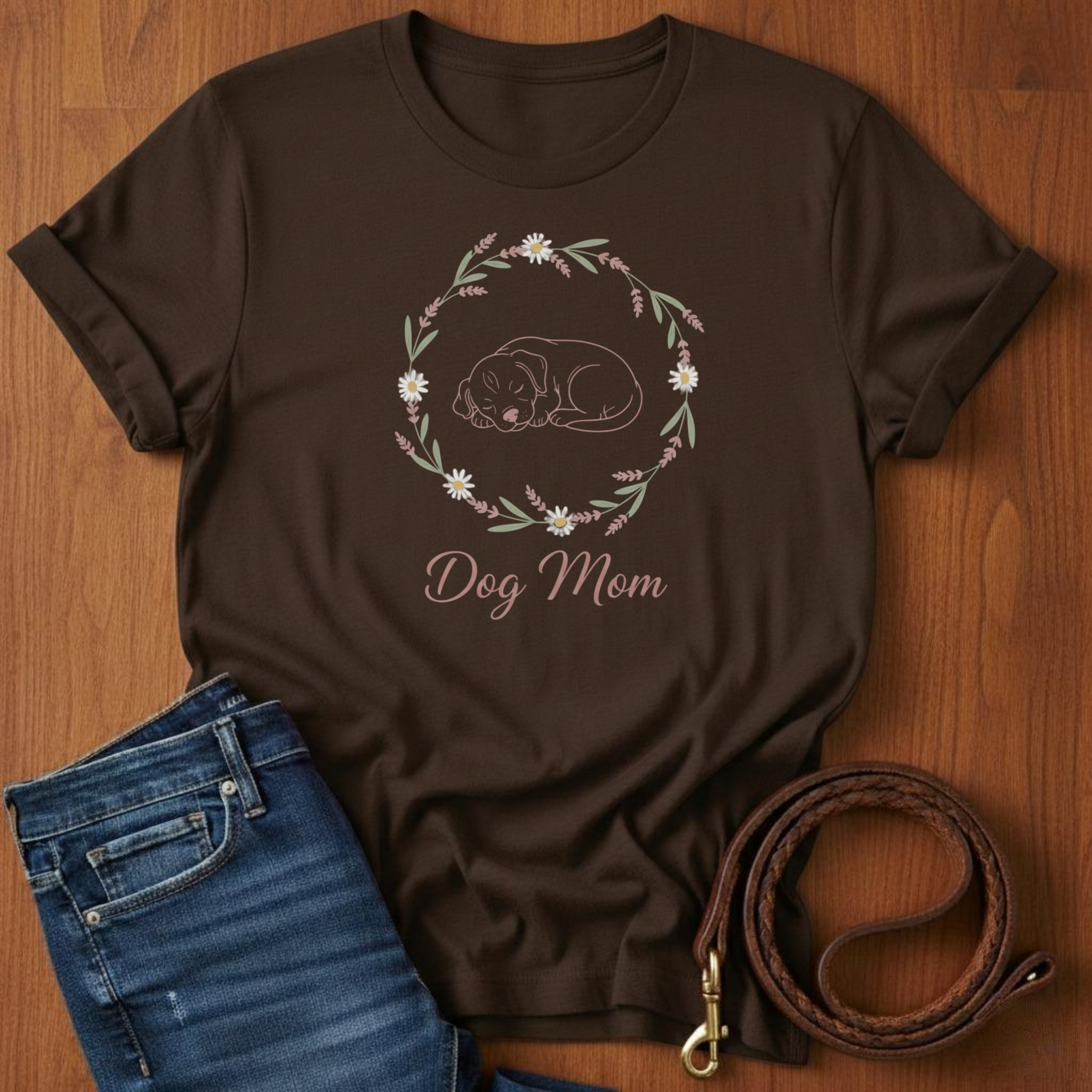 Dog Mom Botanical Wreath T-Shirt — close-up — Always My Dog