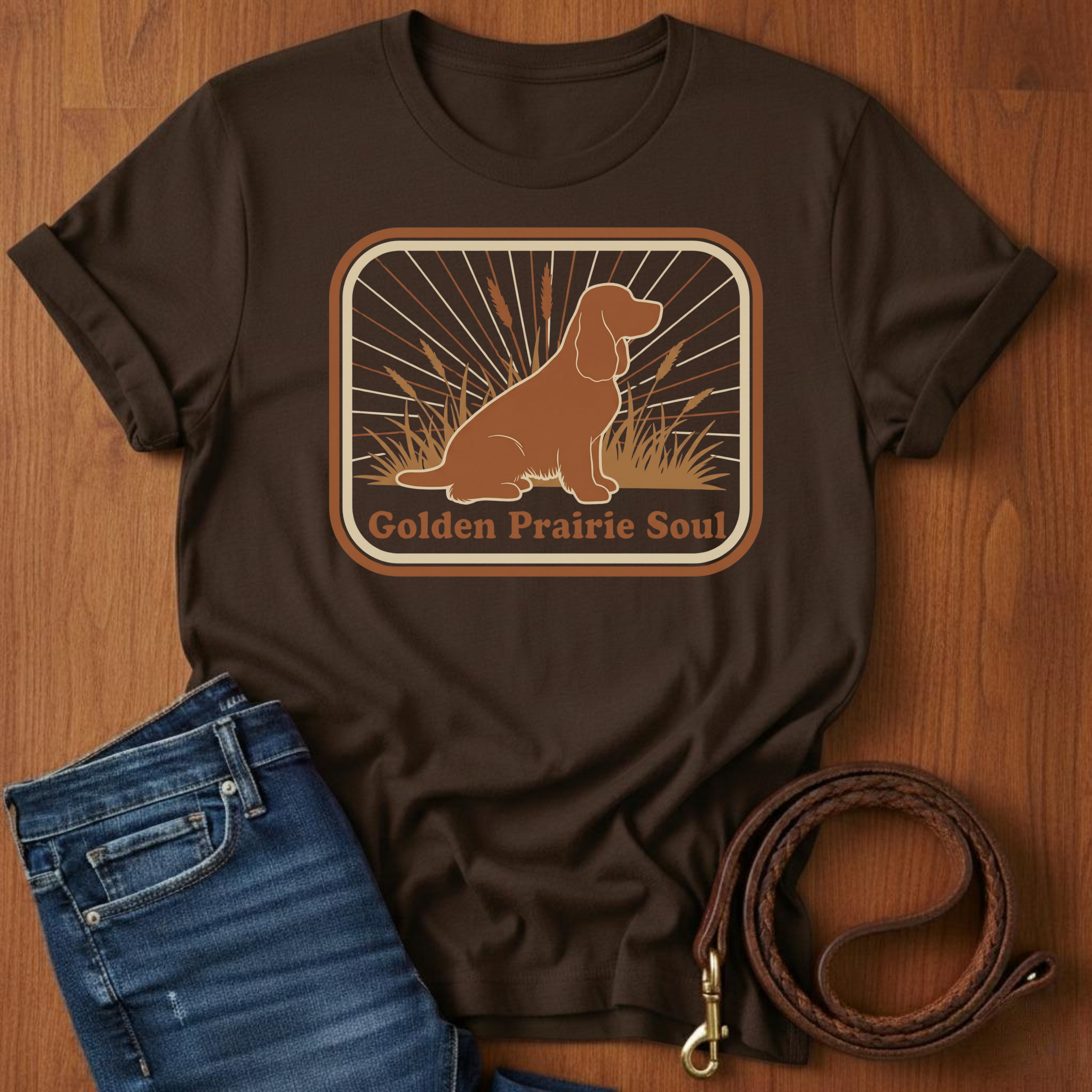 Golden Prairie Soul Spaniel T-Shirt — close-up — Always My Dog