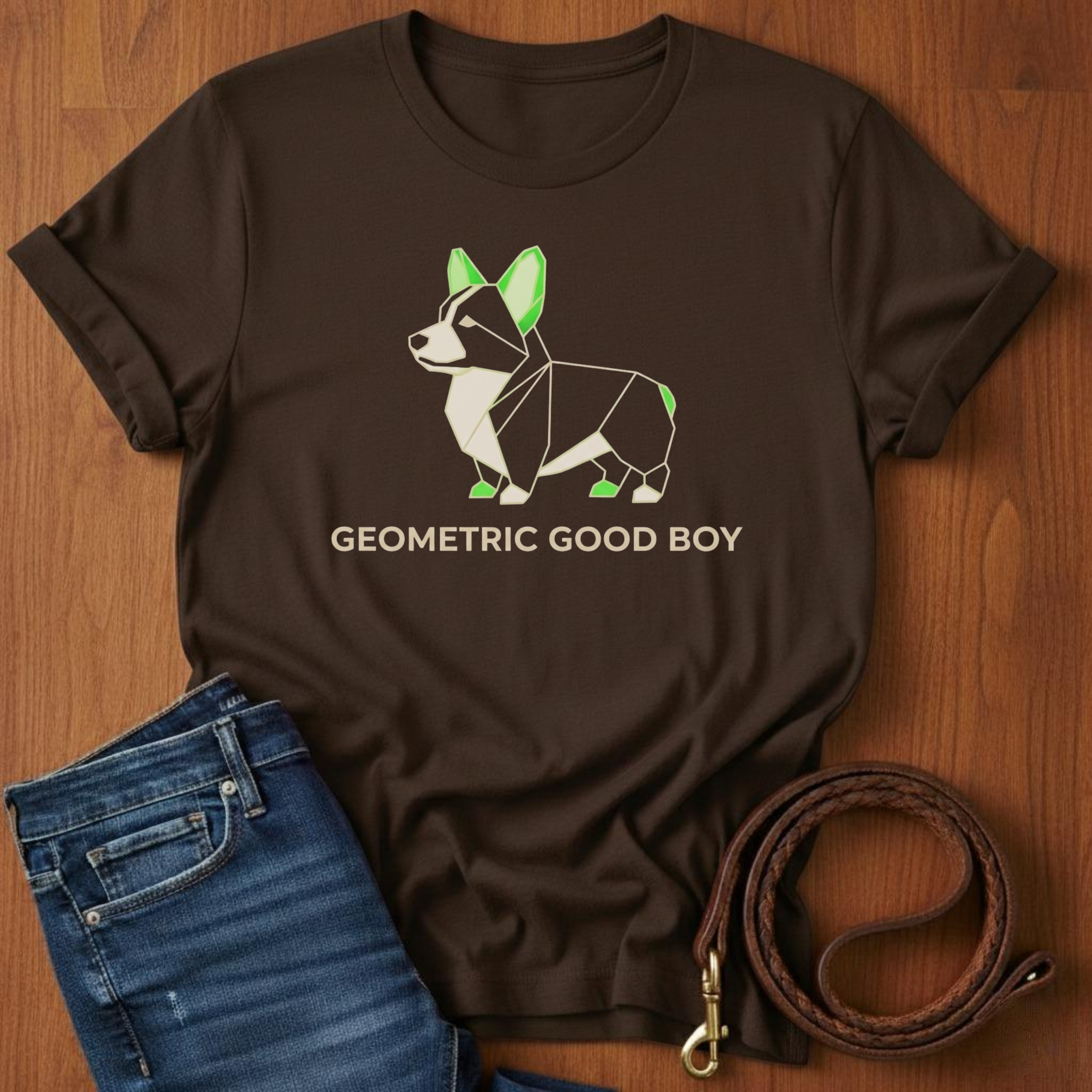 Geometric Good Boy Corgi T-Shirt — close-up — Always My Dog