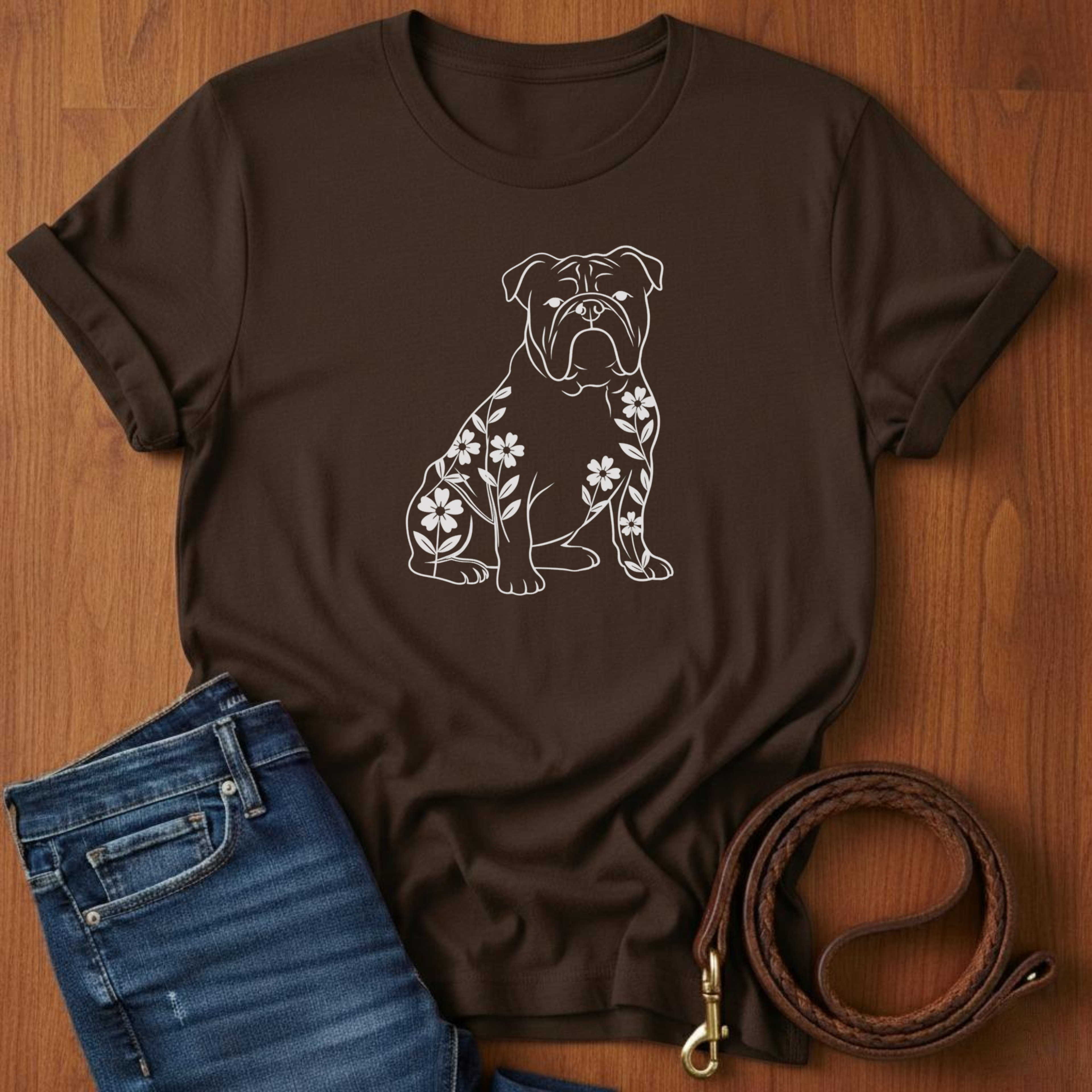 English Bulldog And Flowers T-Shirt — close-up — Always My Dog