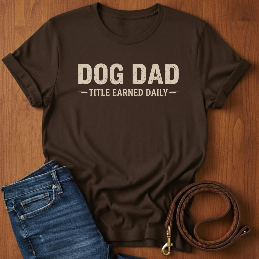 Dog Dad, Title Earned Daily T-Shirt — close-up — Always My Dog