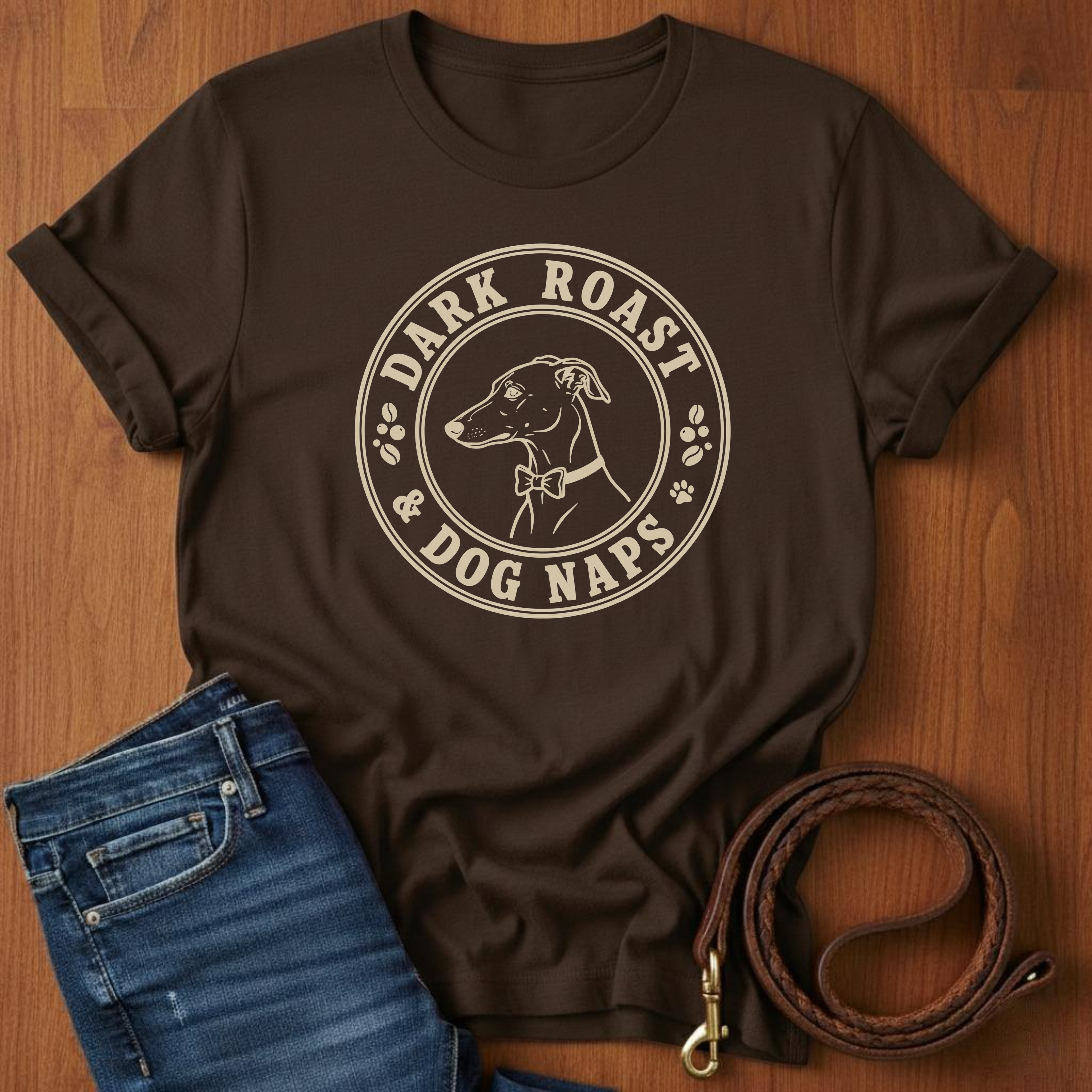 Dark Roast Dog Naps T-Shirt — close-up — Always My Dog