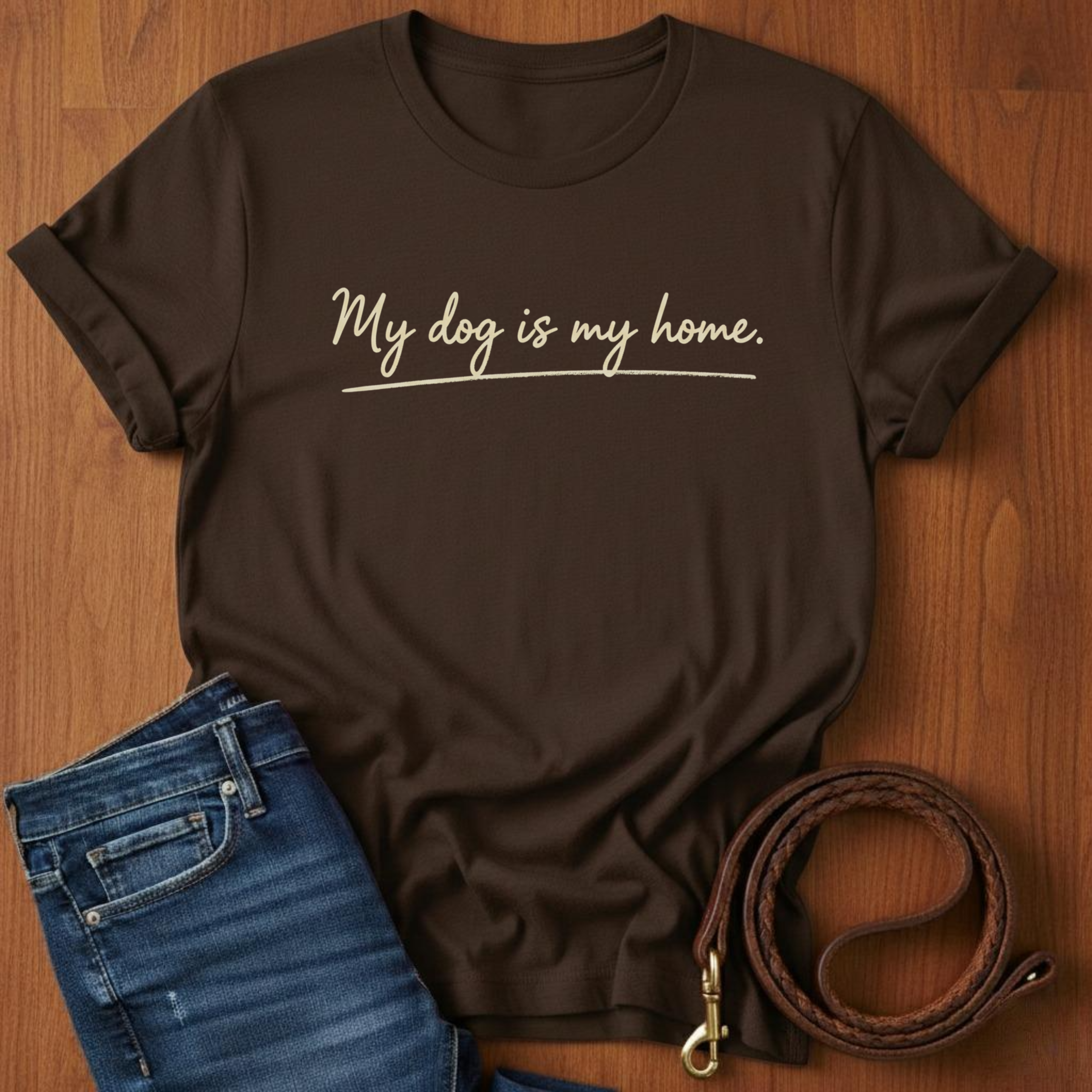 My Dog Is My Home Script T-Shirt — close-up — Always My Dog