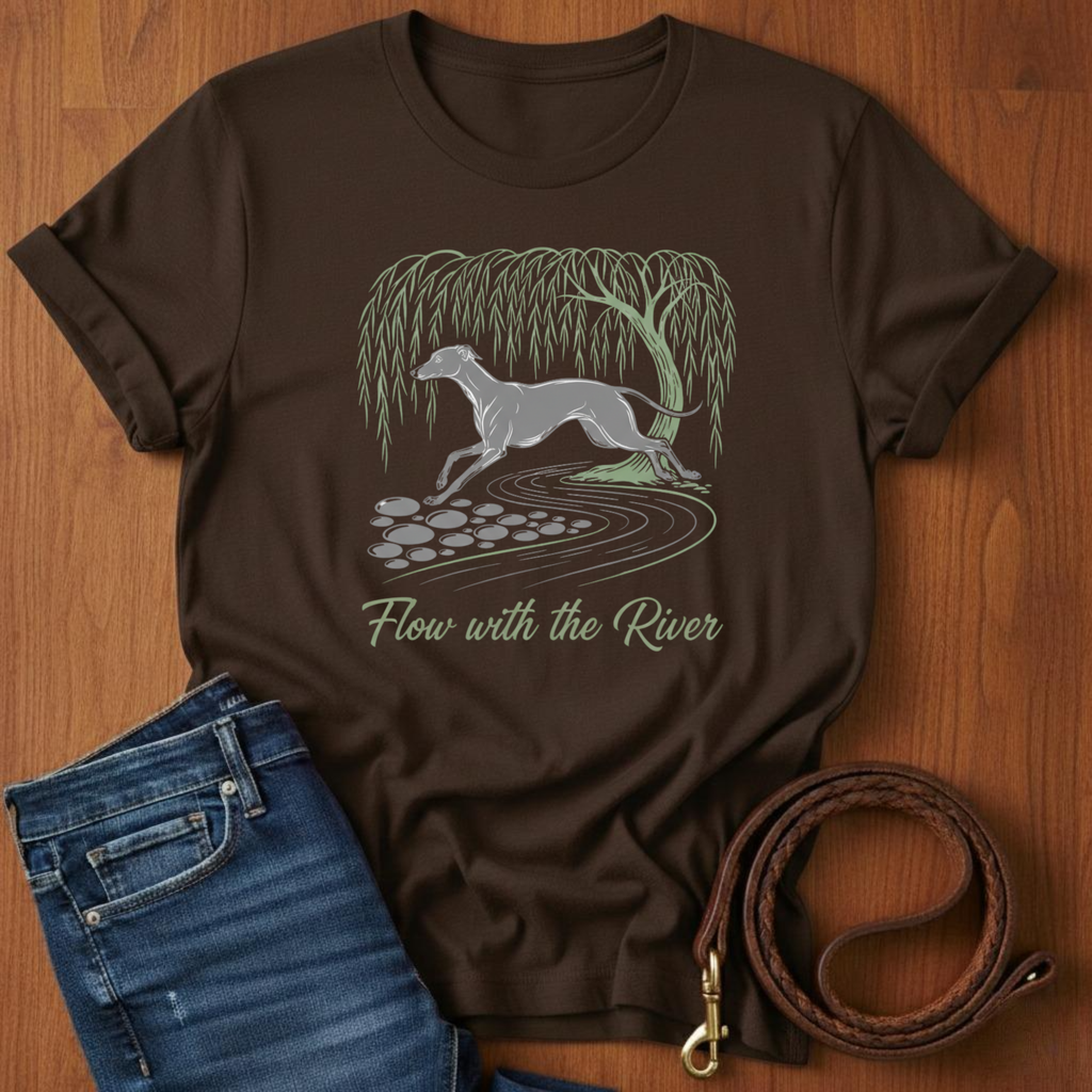 Flow With The River Greyhound T-Shirt — close-up — Always My Dog