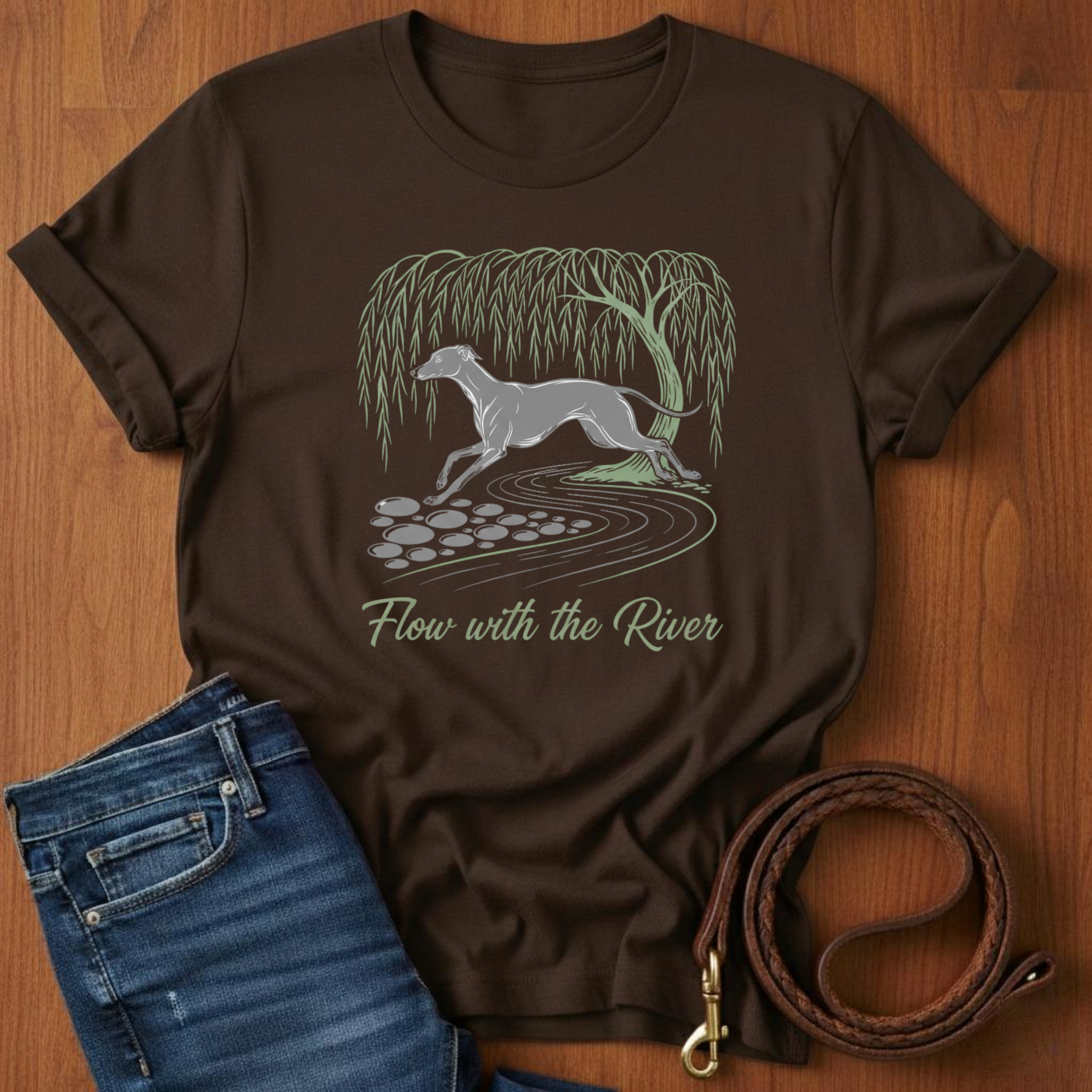 Flow With The River Greyhound T-Shirt — close-up — Always My Dog