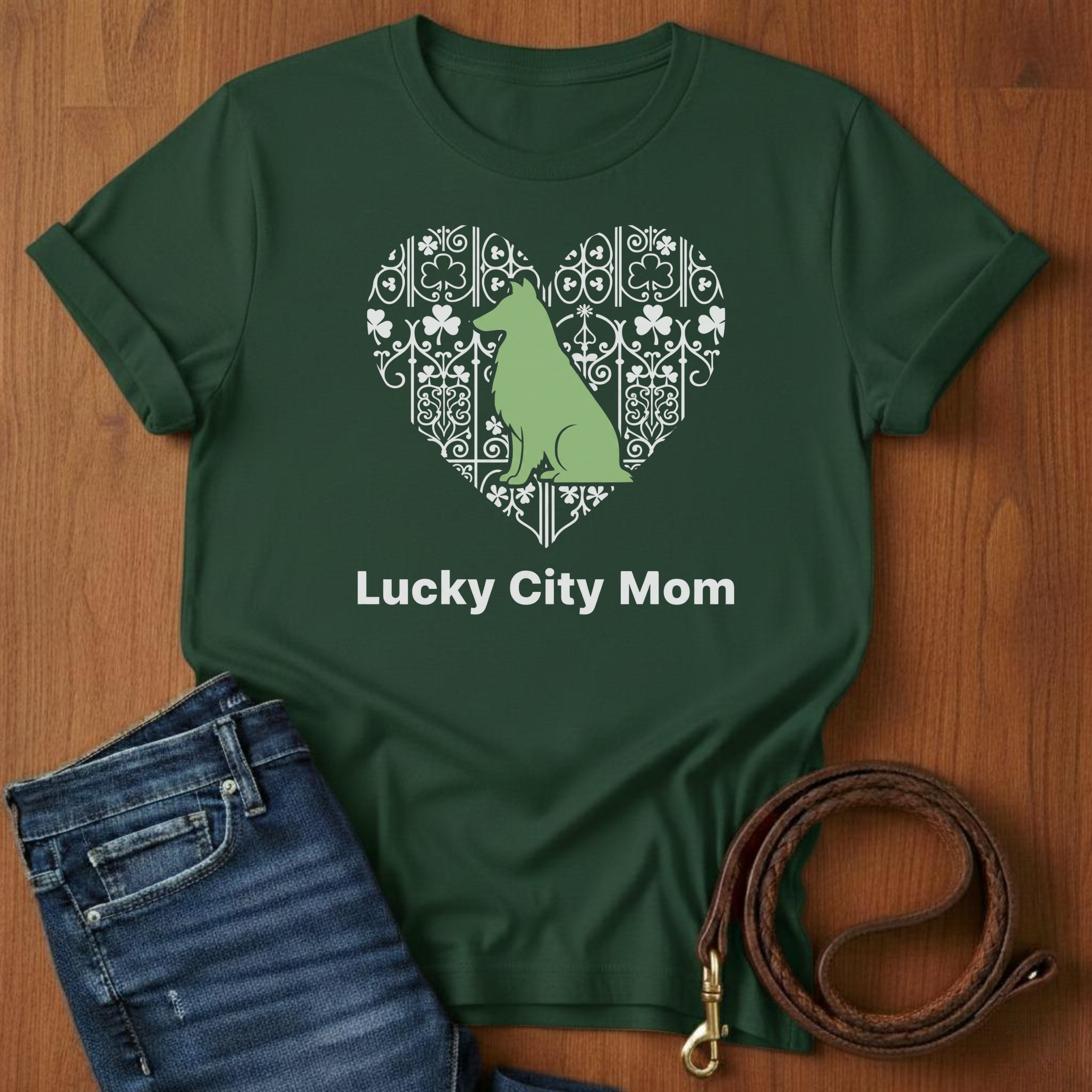 Lucky City Mom Sheltie T-Shirt — close-up — Always My Dog
