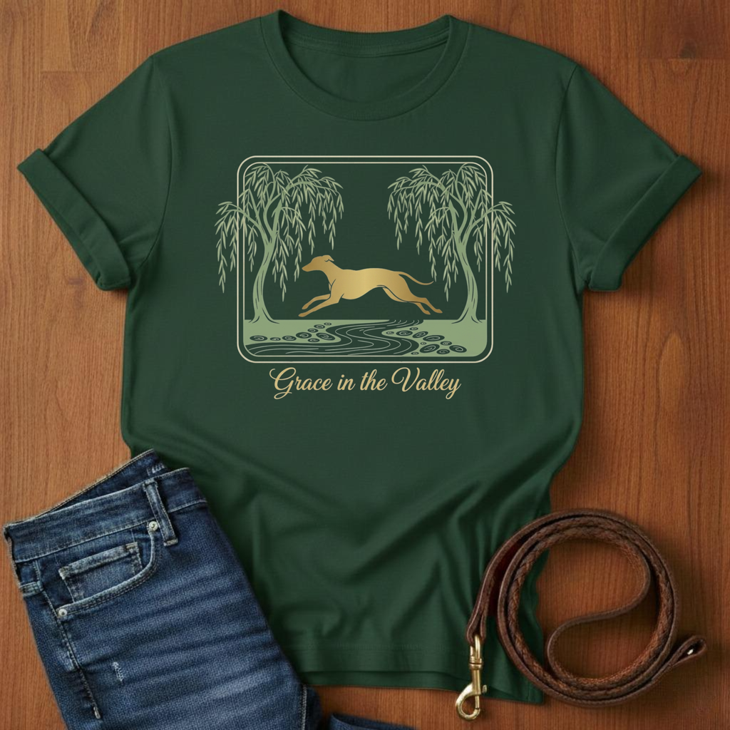 Grace in the Valley Greyhound T-Shirt — detail view — Always My Dog