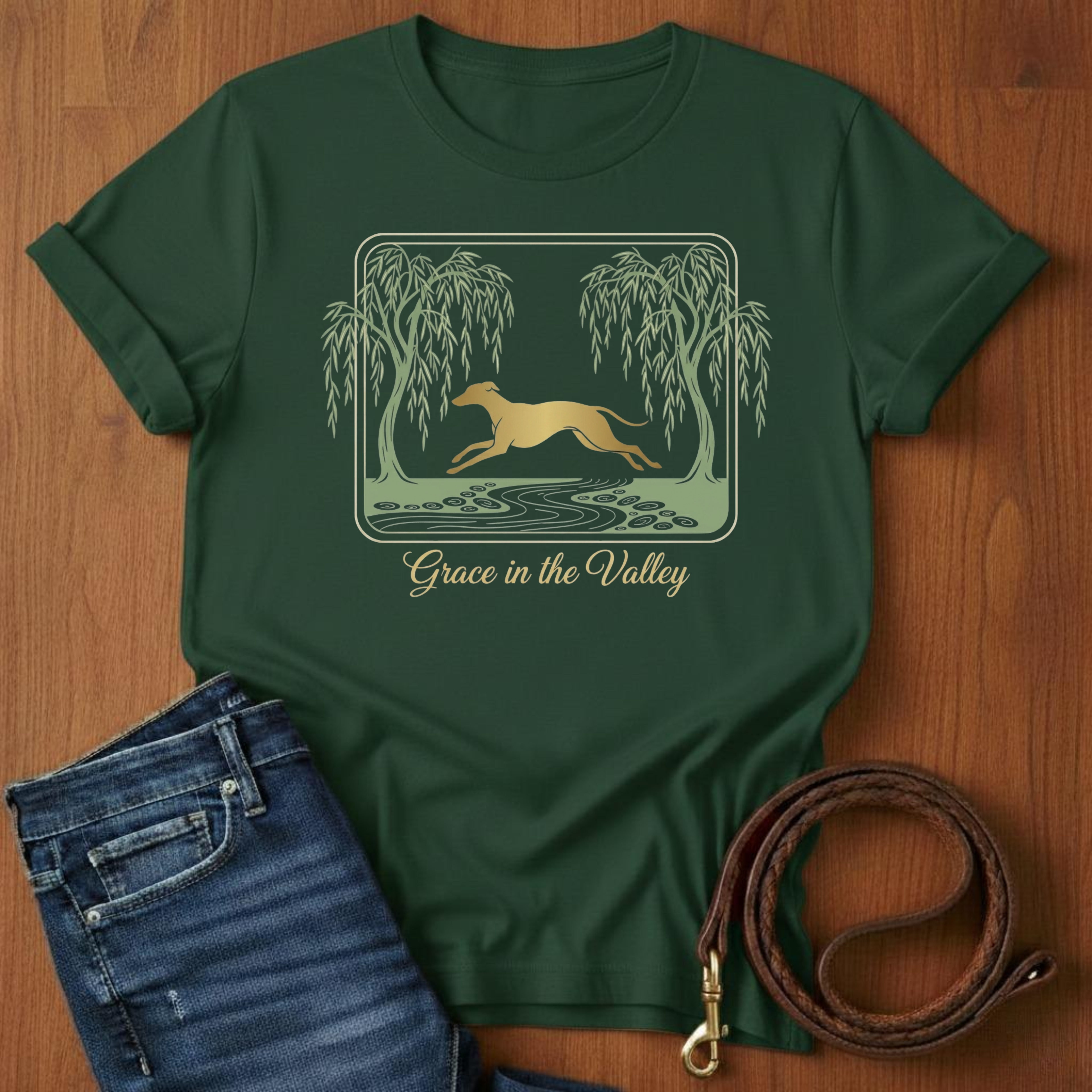 Grace in the Valley Greyhound T-Shirt — detail view — Always My Dog