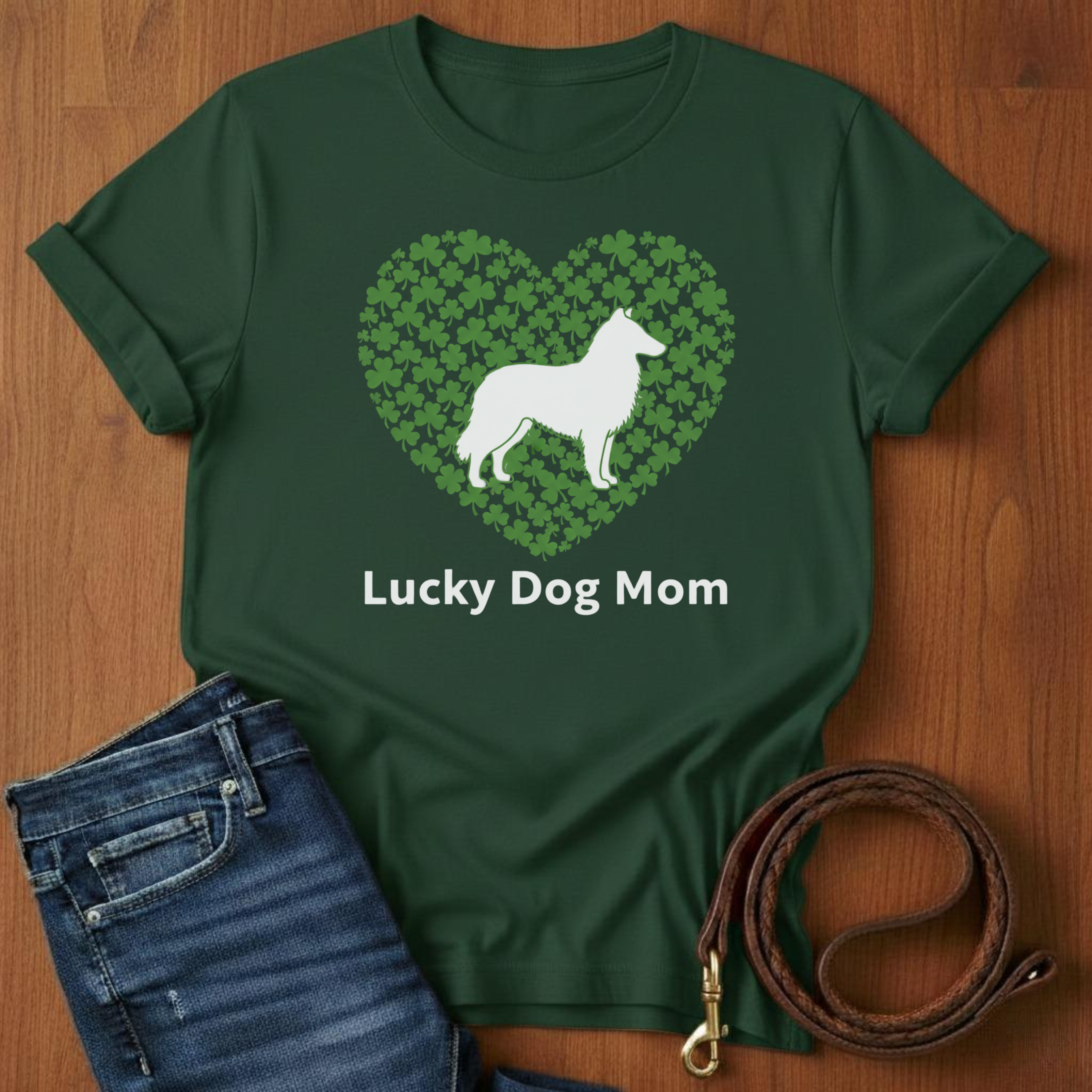 Lucky Dog Mom Sheltie T-Shirt — close-up — Always My Dog