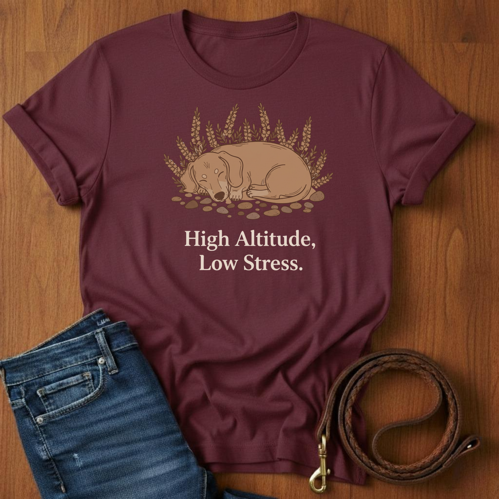 High Altitude, Low Stress T-Shirt — detail view — Always My Dog