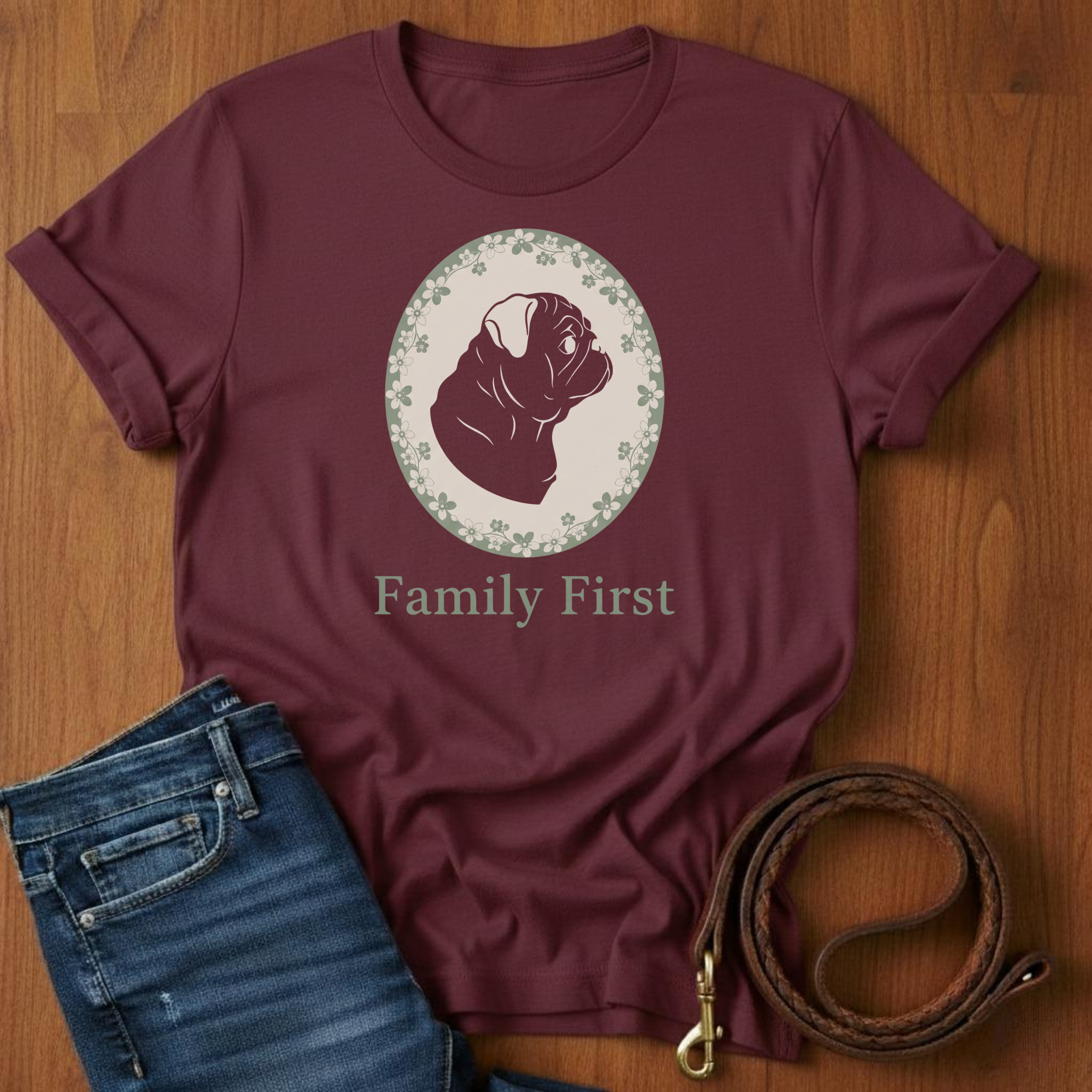 Family First Pug T-Shirt — detail view — Always My Dog