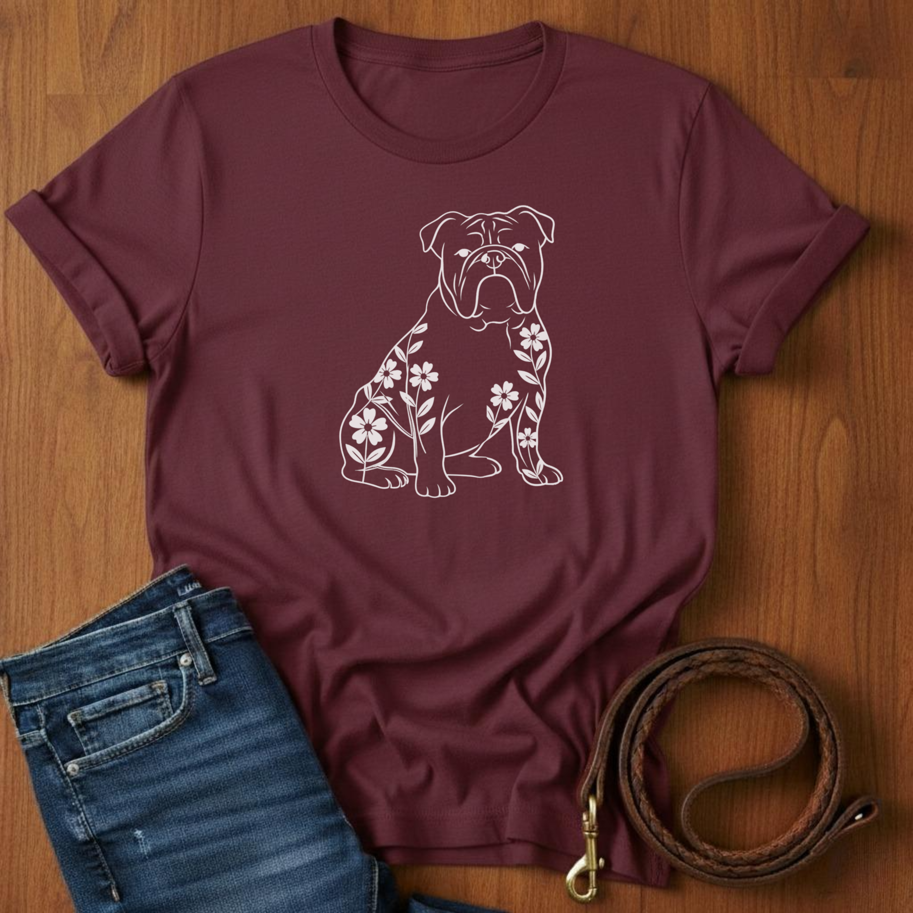 English Bulldog And Flowers T-Shirt — lifestyle shot — Always My Dog