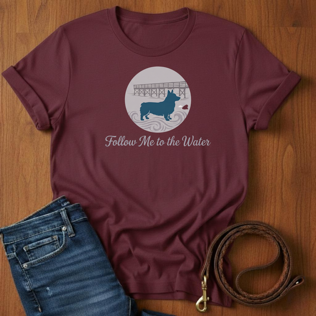 Follow Me To The Water Corgi T-Shirt — detail view — Always My Dog