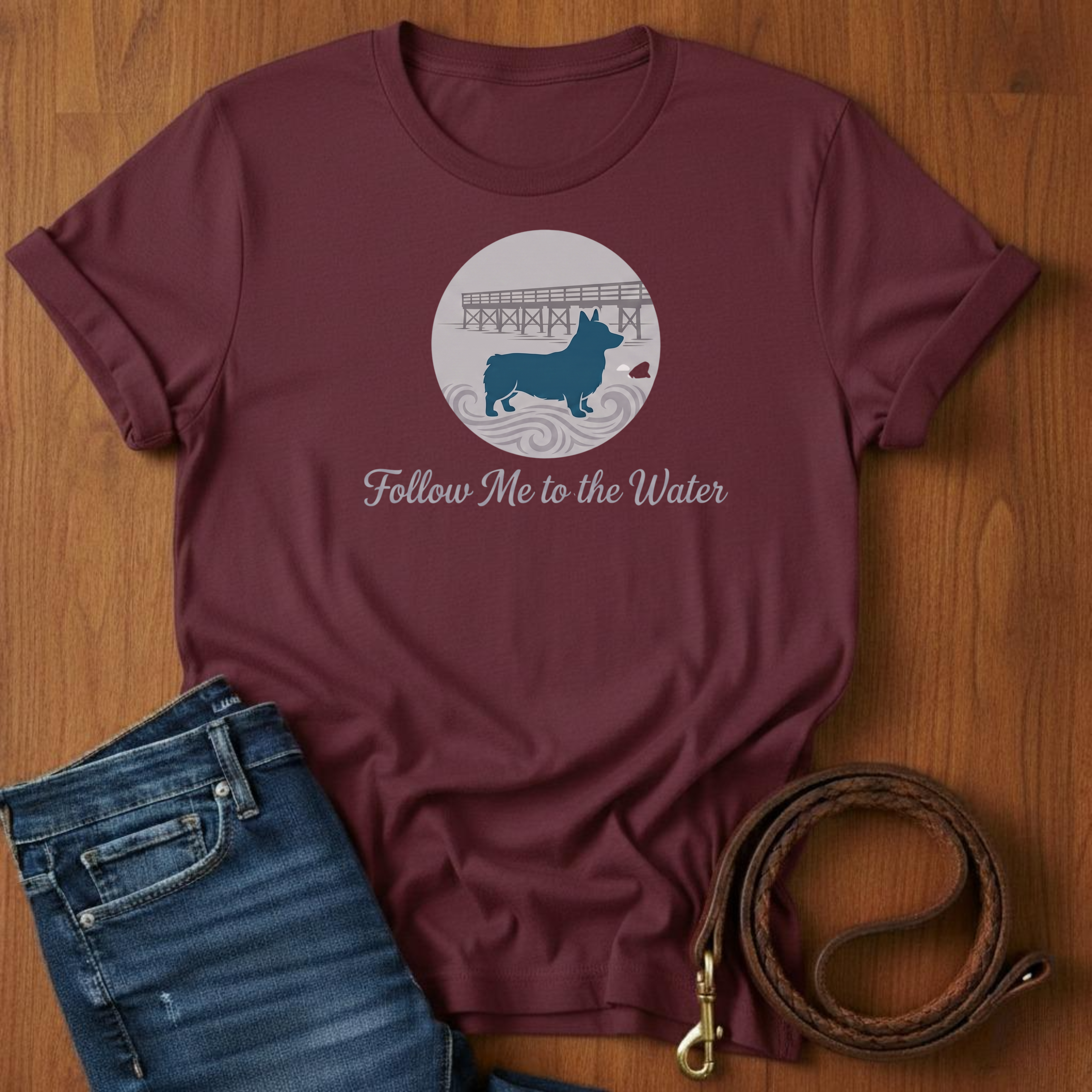 Follow Me To The Water Corgi T-Shirt — detail view — Always My Dog