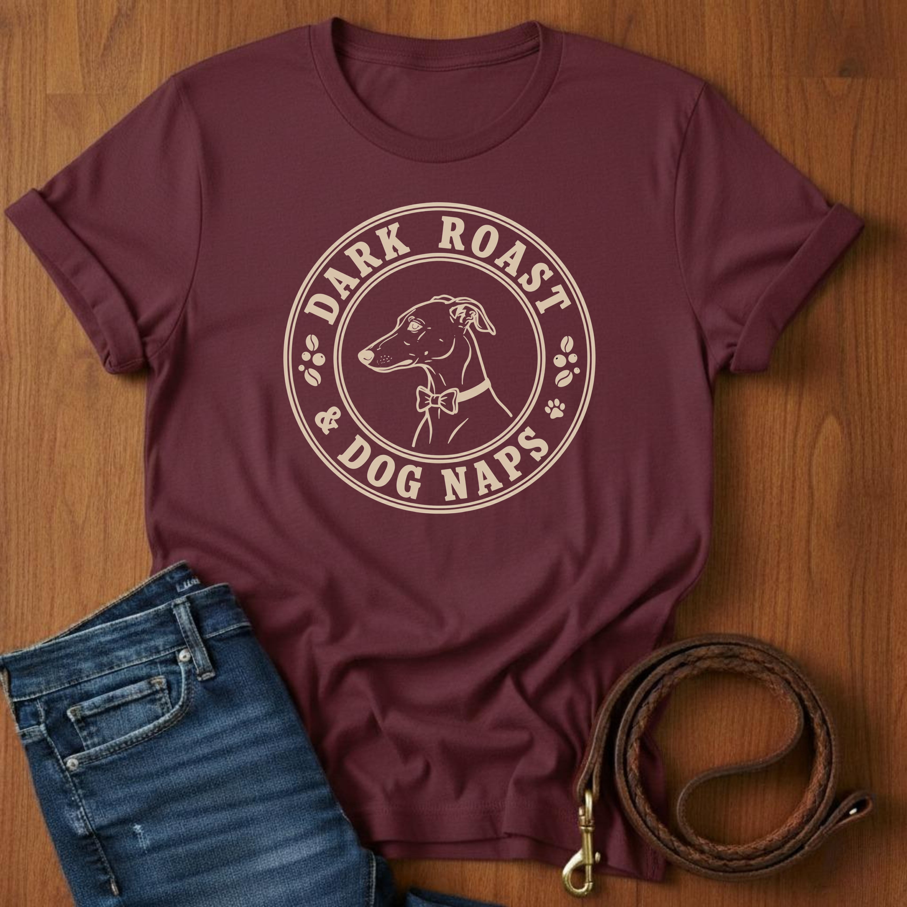 Dark Roast Dog Naps T-Shirt — lifestyle shot — Always My Dog