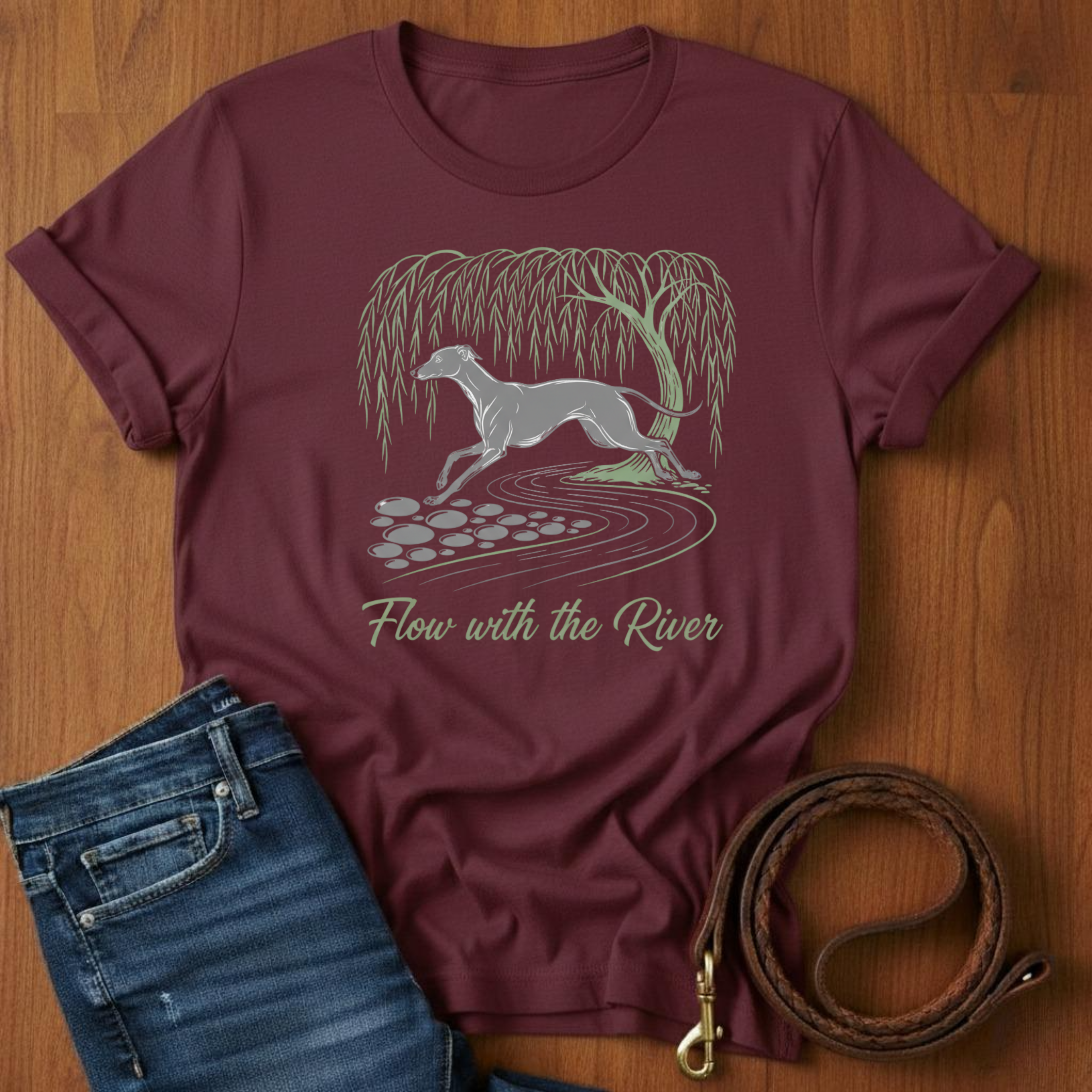 Flow With The River Greyhound T-Shirt — lifestyle shot — Always My Dog
