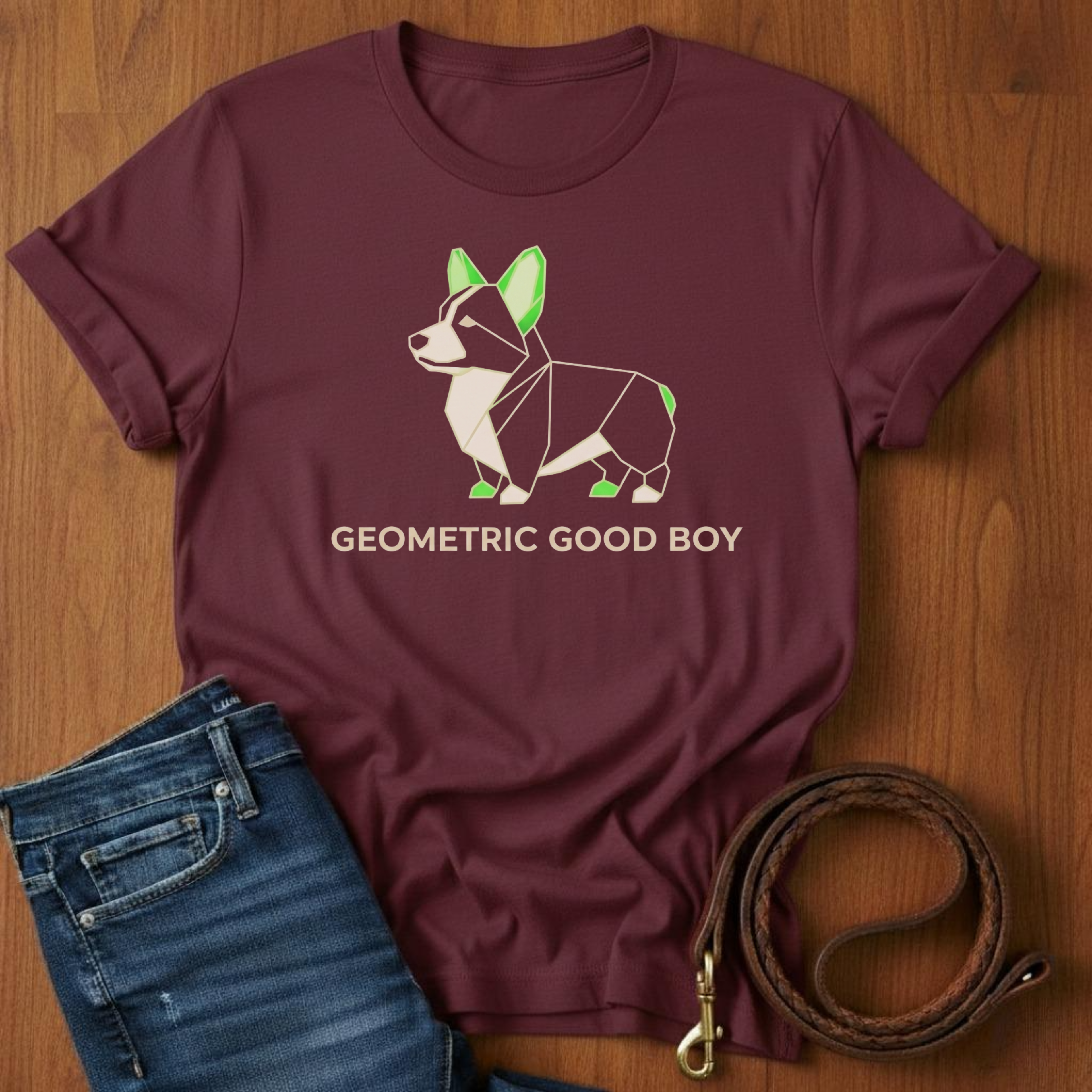 Geometric Good Boy Corgi T-Shirt — lifestyle shot — Always My Dog