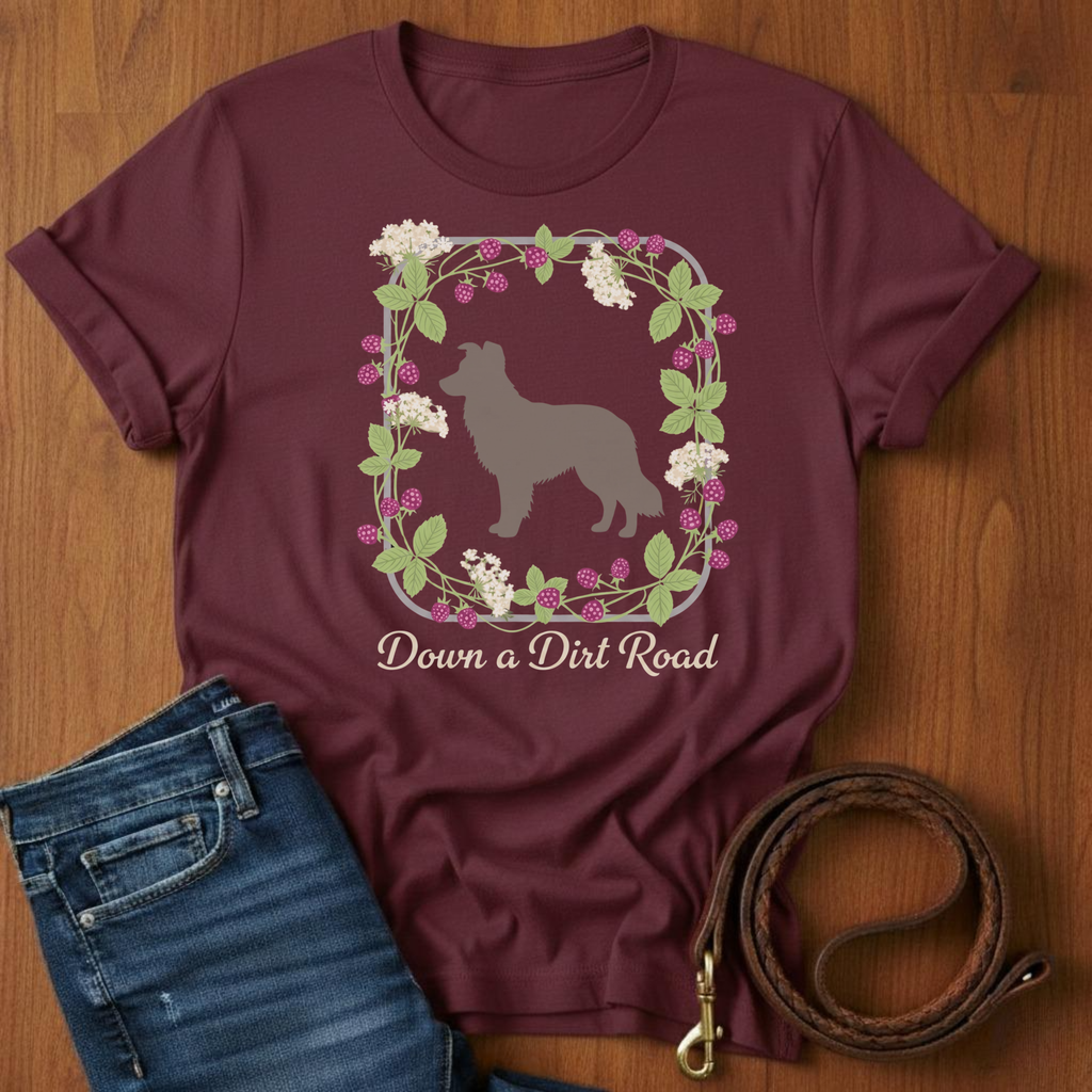 Down a Dirt Road Border Collie T-Shirt — detail view — Always My Dog