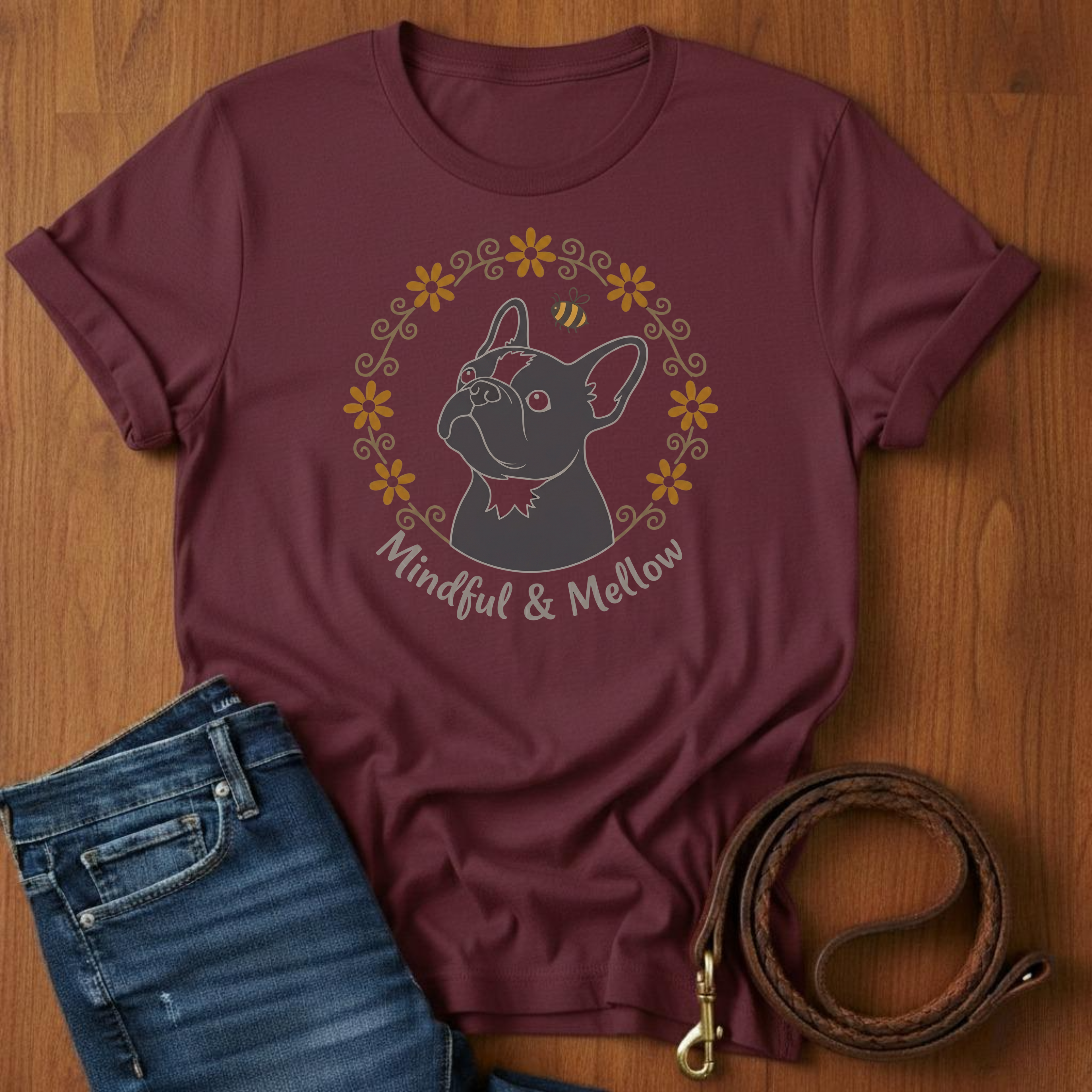 Mindful And Mellow French Bulldog T-Shirt — detail view — Always My Dog