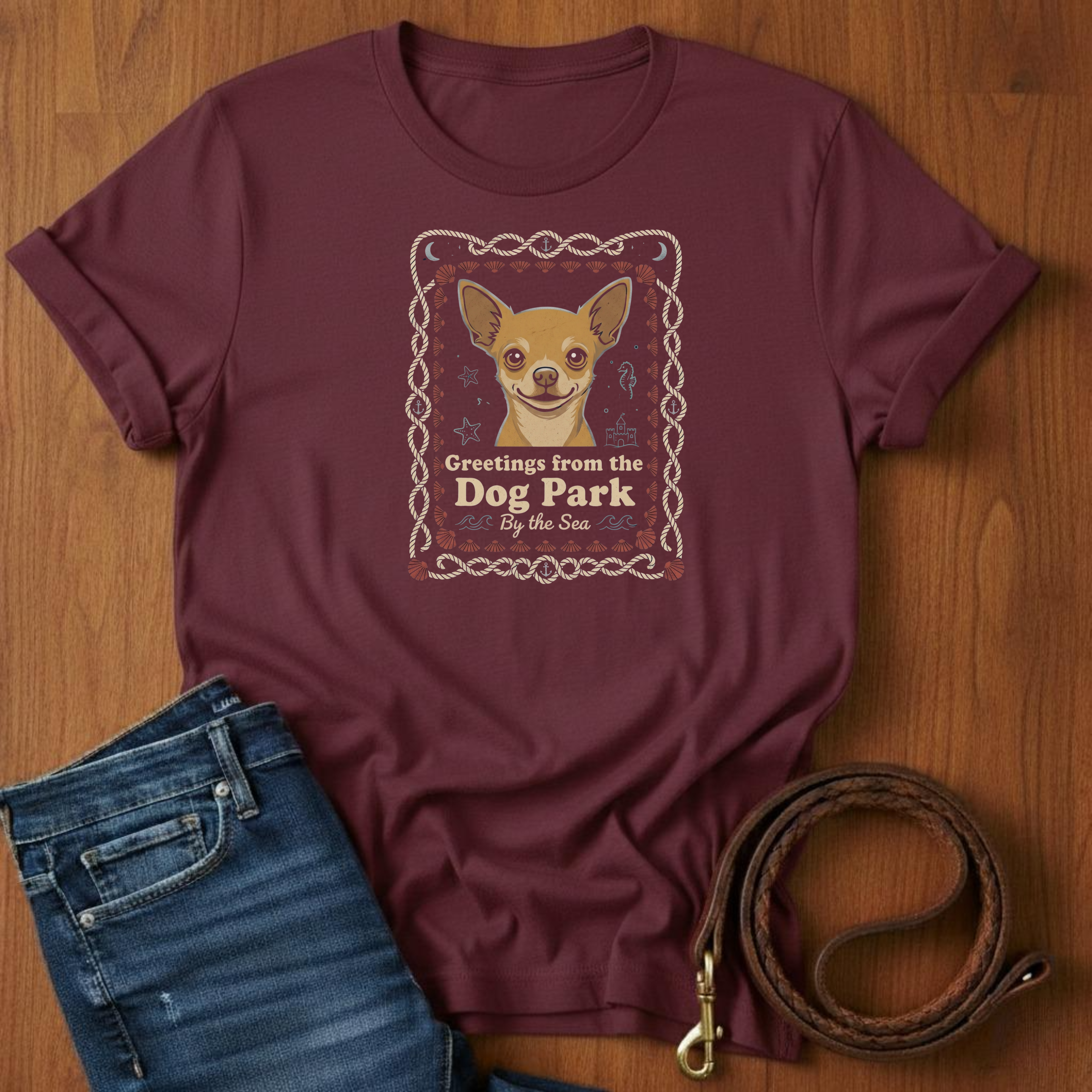Greetings From The Dog Park By The Sea T-Shirt — lifestyle shot — Always My Dog